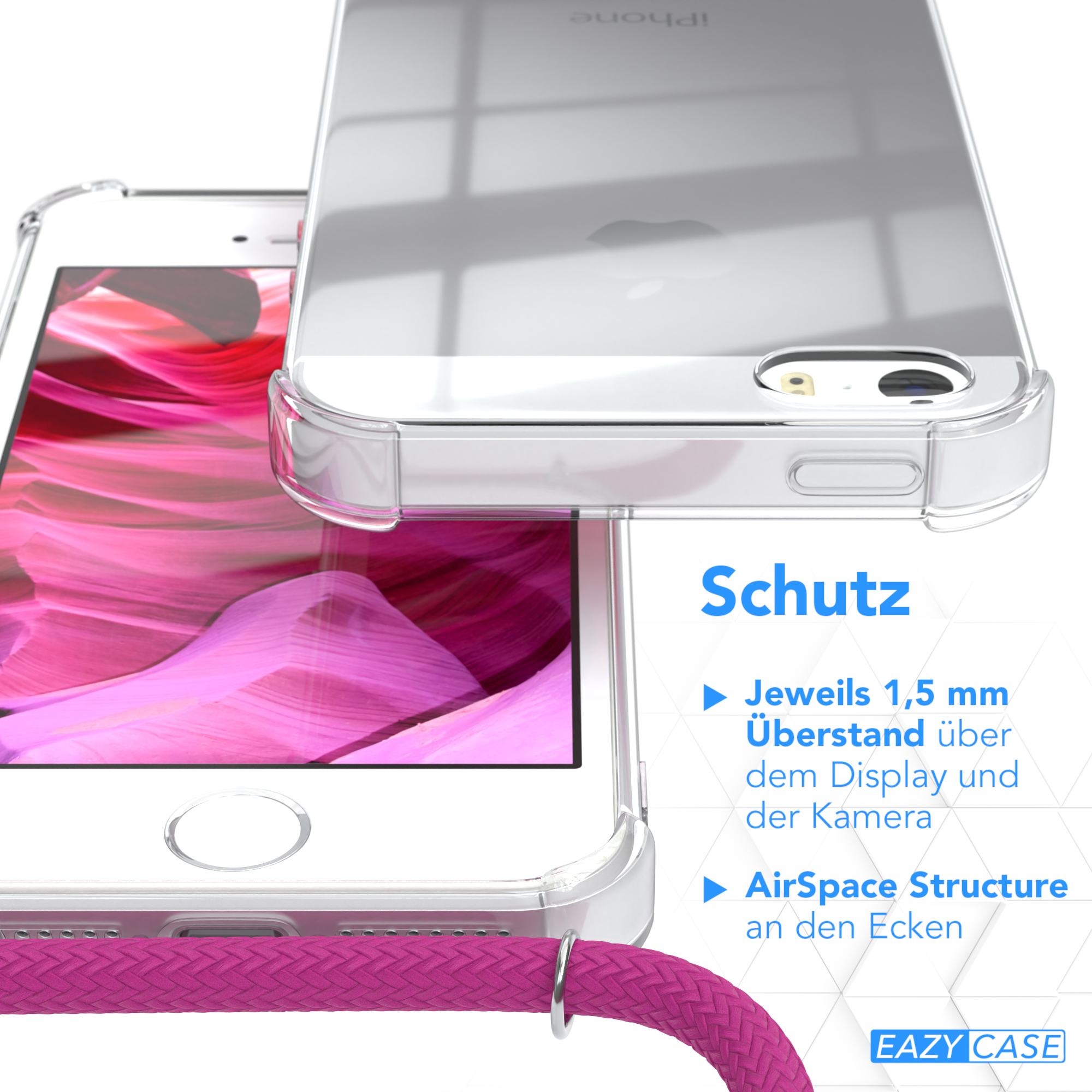 Transparente Handyhülle mit Details. Rosa Band ist sichtbar. Schutzdetails werden gezeigt.