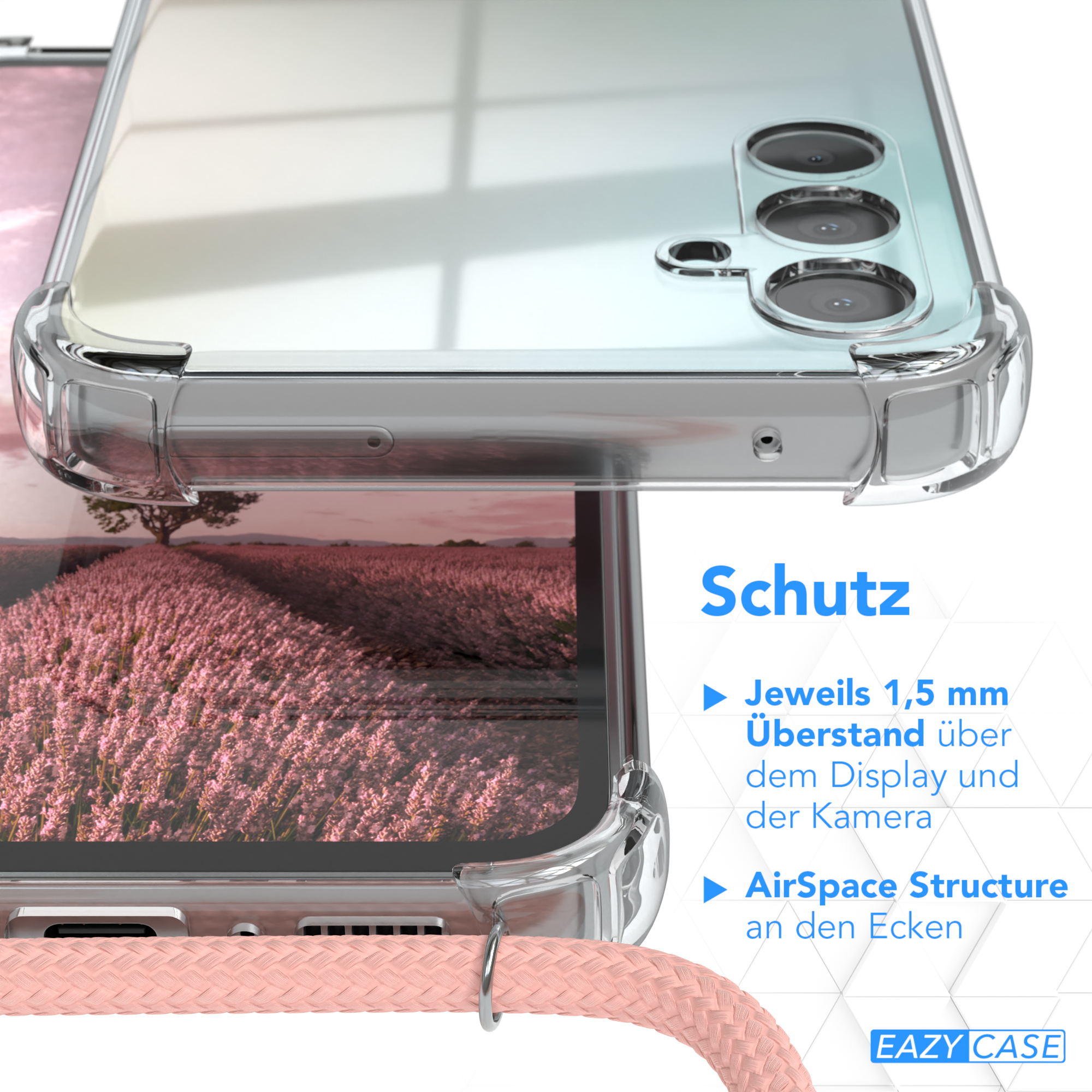 Eine transparente Handyhülle mit rosa Kordel zeigt Schutzfunktionen und Lavendelfeld im Hintergrund.