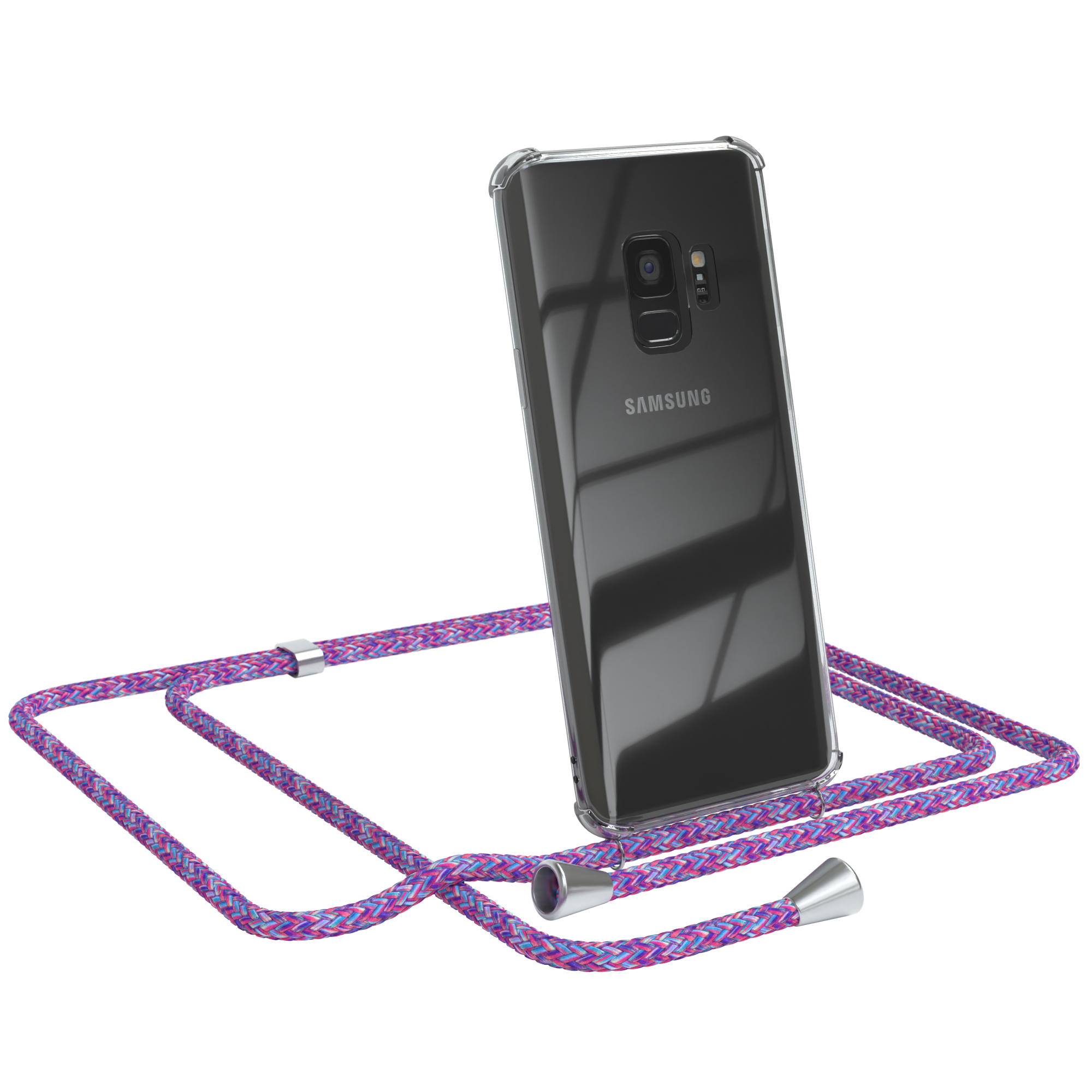 Transparente Handyhülle mit pink-lila Kordel. Samsung-Handy steht aufrecht. Weißer Hintergrund.