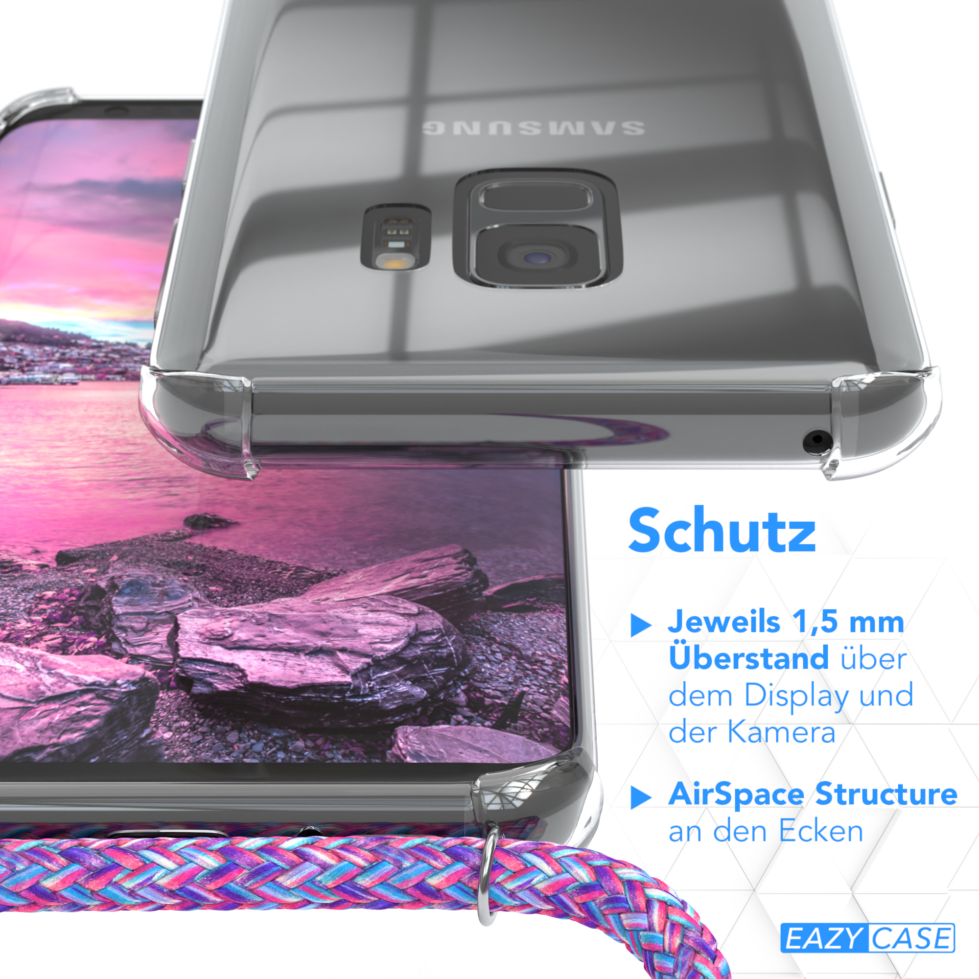 Nahaufnahme einer Handyhülle. Die Handyhülle ist durchsichtig. Im Hintergrund ist ein Telefon.