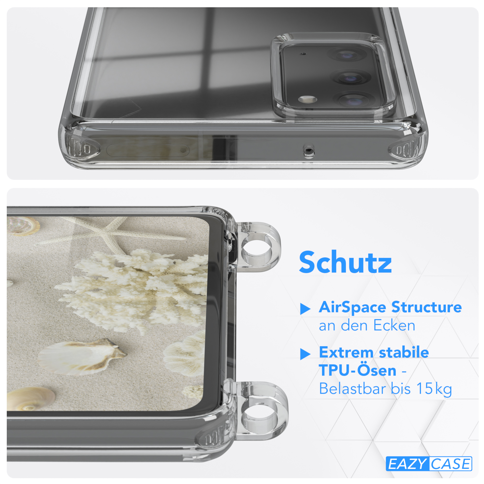 Nahaufnahme einer transparenten Handyhülle mit Detailansicht der Kanten und Sandhintergrund.