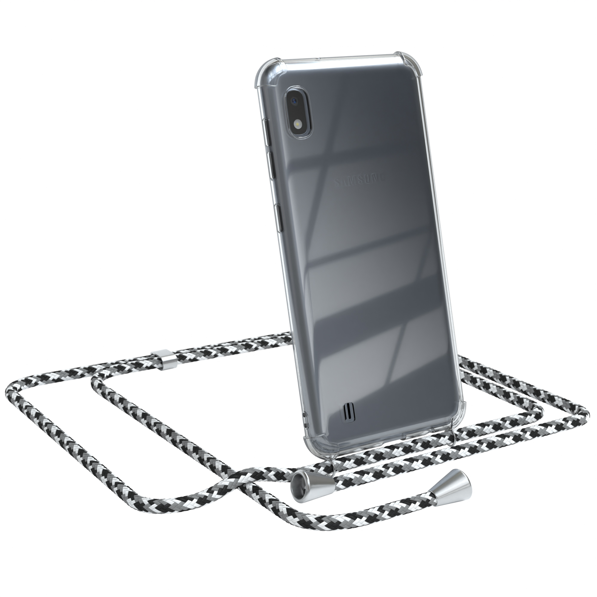 Ein Telefon in einer durchsichtigen Hülle mit einem schwarz-weißen Umhängeband. Weißer Hintergrund.