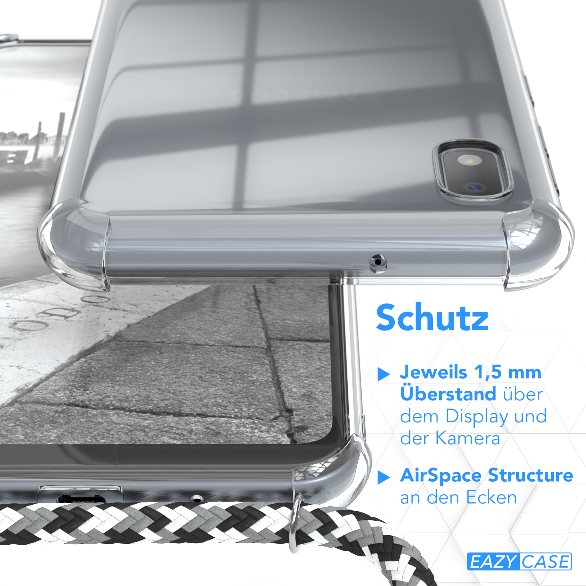 Nahaufnahme der Handyhülle, Textdetails zu Schutzfunktionen wie der AirSpace Structure.