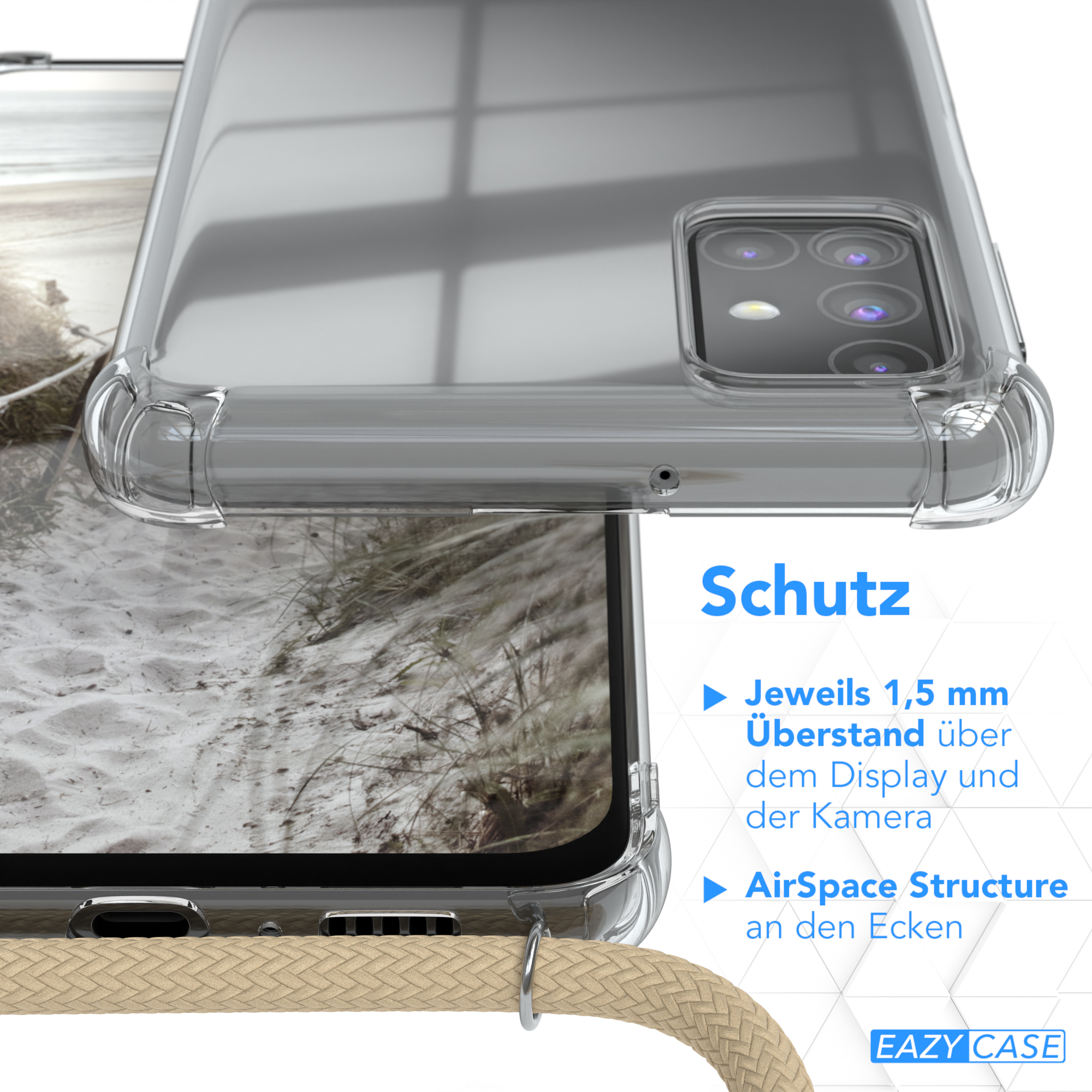 Eine Handyhülle, Nahaufnahme, mit Text über Schutzfunktionen und einem geflochtenen Riemenansatz.
