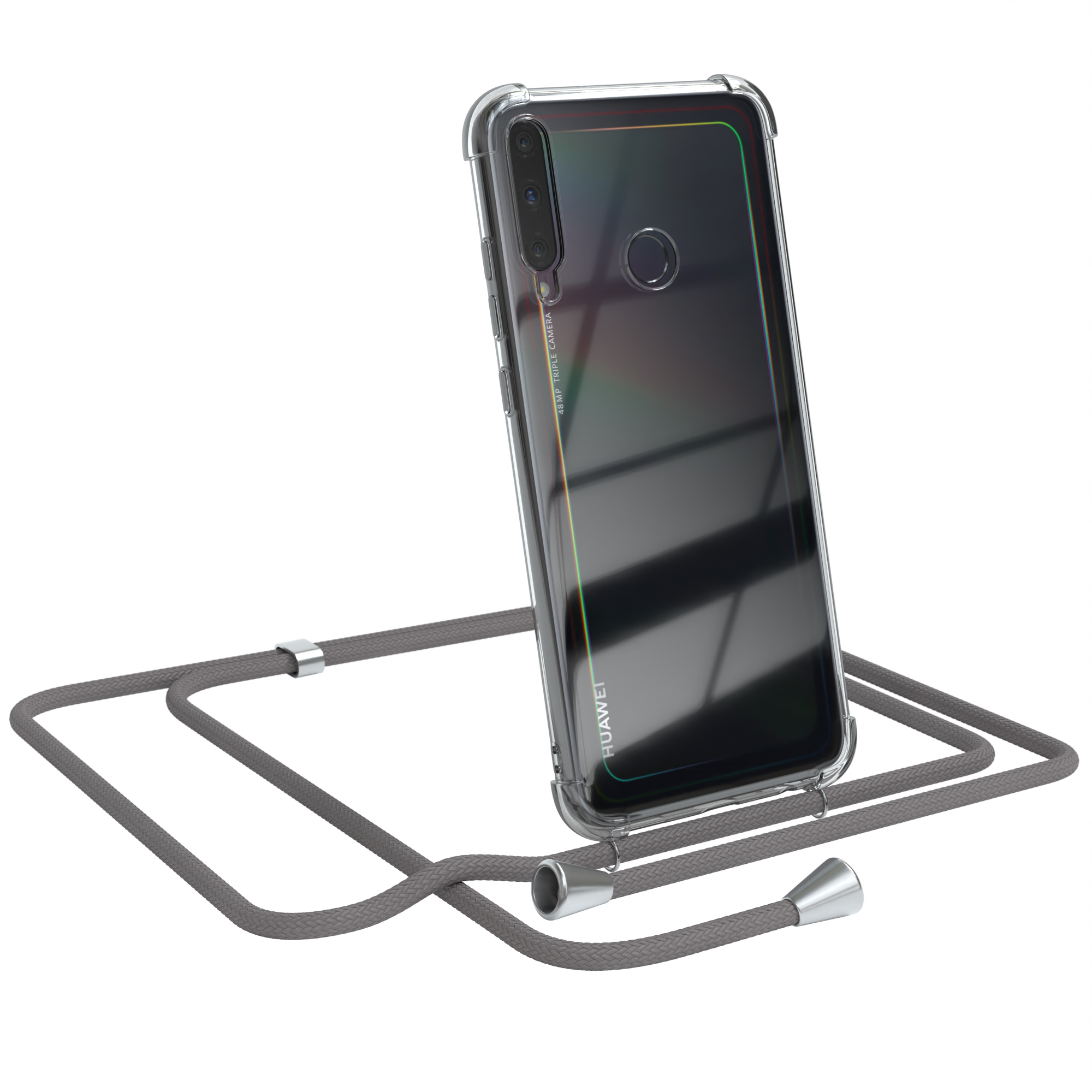 Graues Schlüsselband-Handycase. Huawei-Telefon. Weißer Hintergrund.