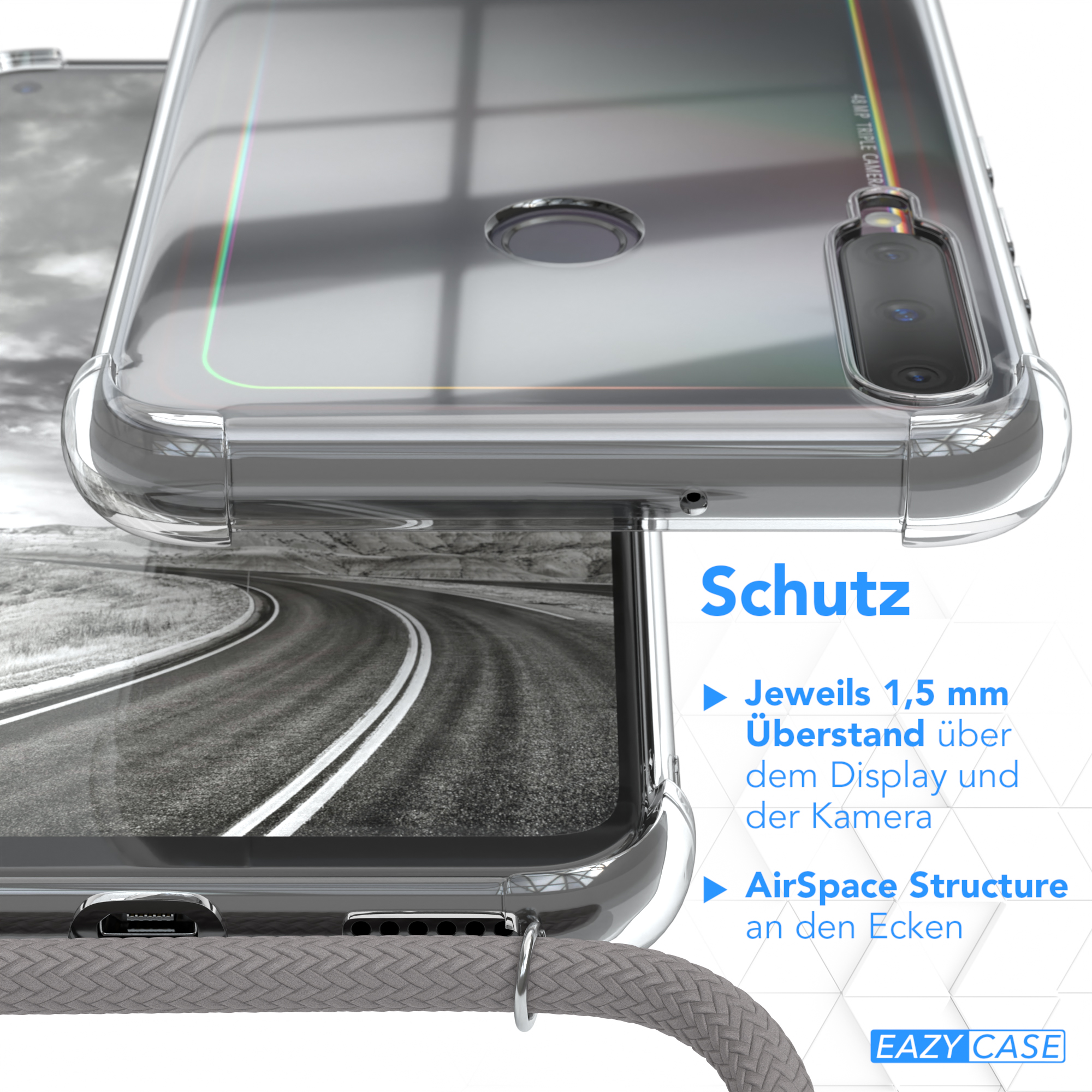 Klare Handyhülle über Straßenbild. Text: Schutz, AirSpace Struktur, 1,5 mm Display und Kamera.