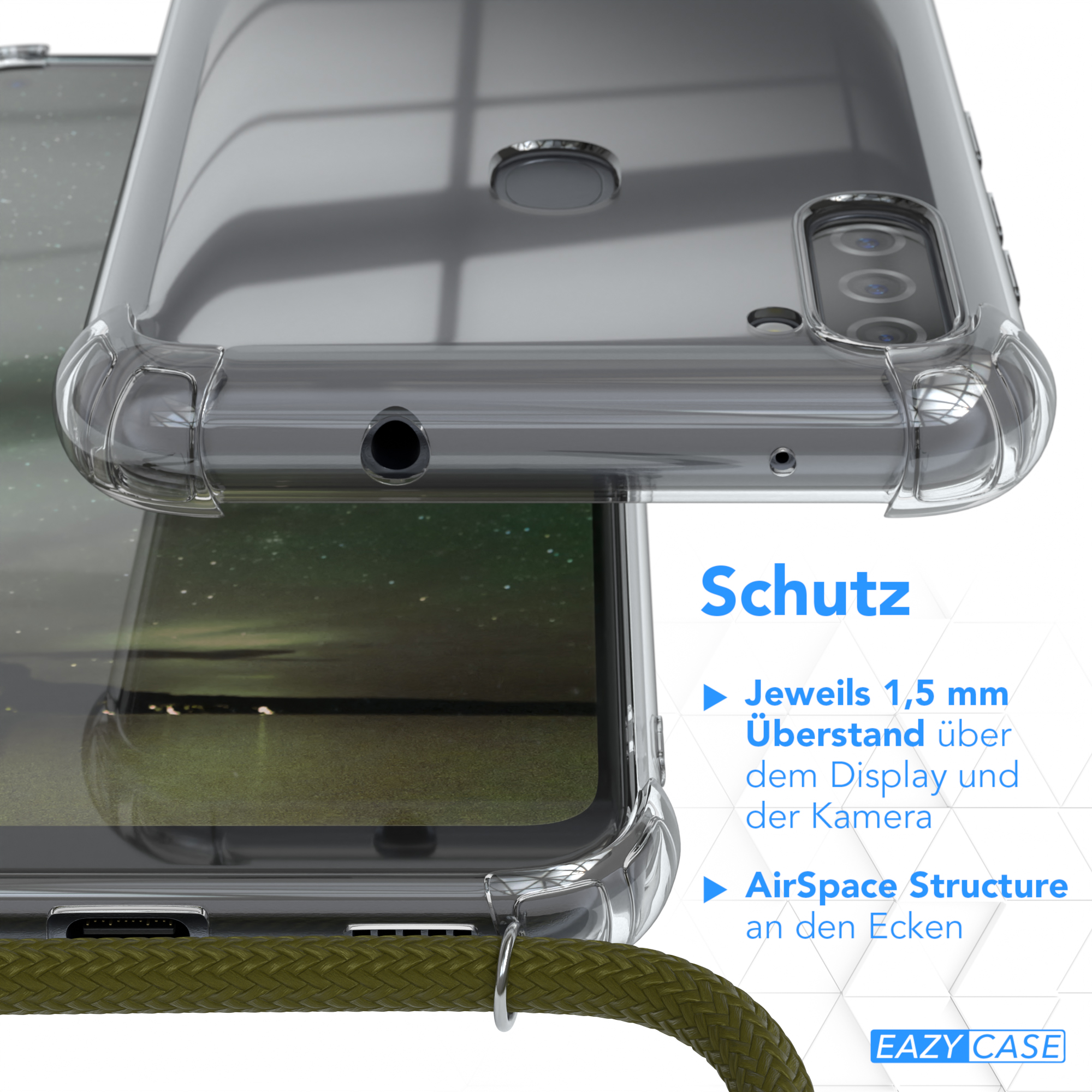 Transparente Handyhülle auf Holz, mit Text, der Funktionen beschreibt: 1,5 mm Display- & Kameraschutz, AirSpace-Struktur.