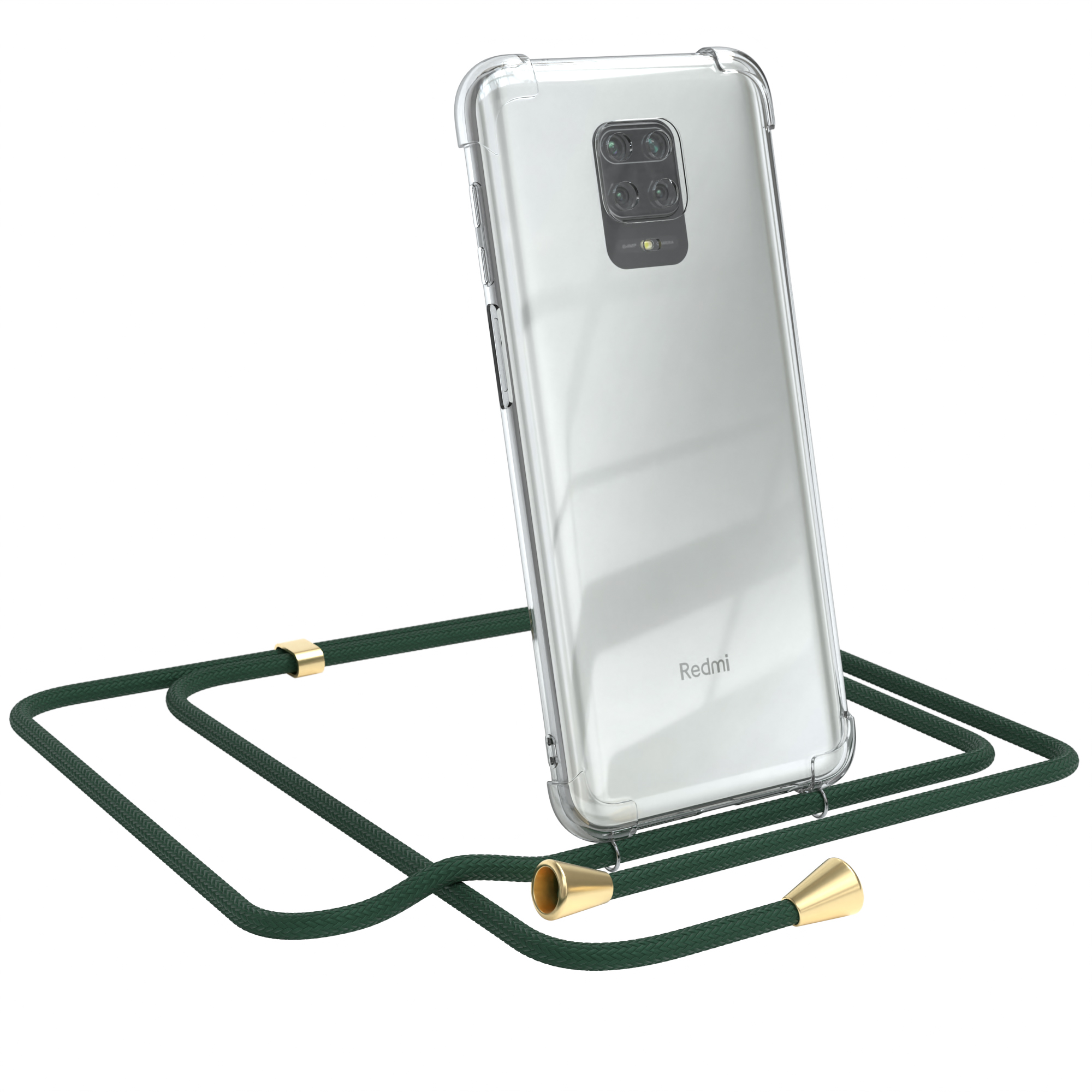 Transparente Handyhülle mit grünem Lanyard. Redmi-Telefon schräg, Kamera sichtbar.