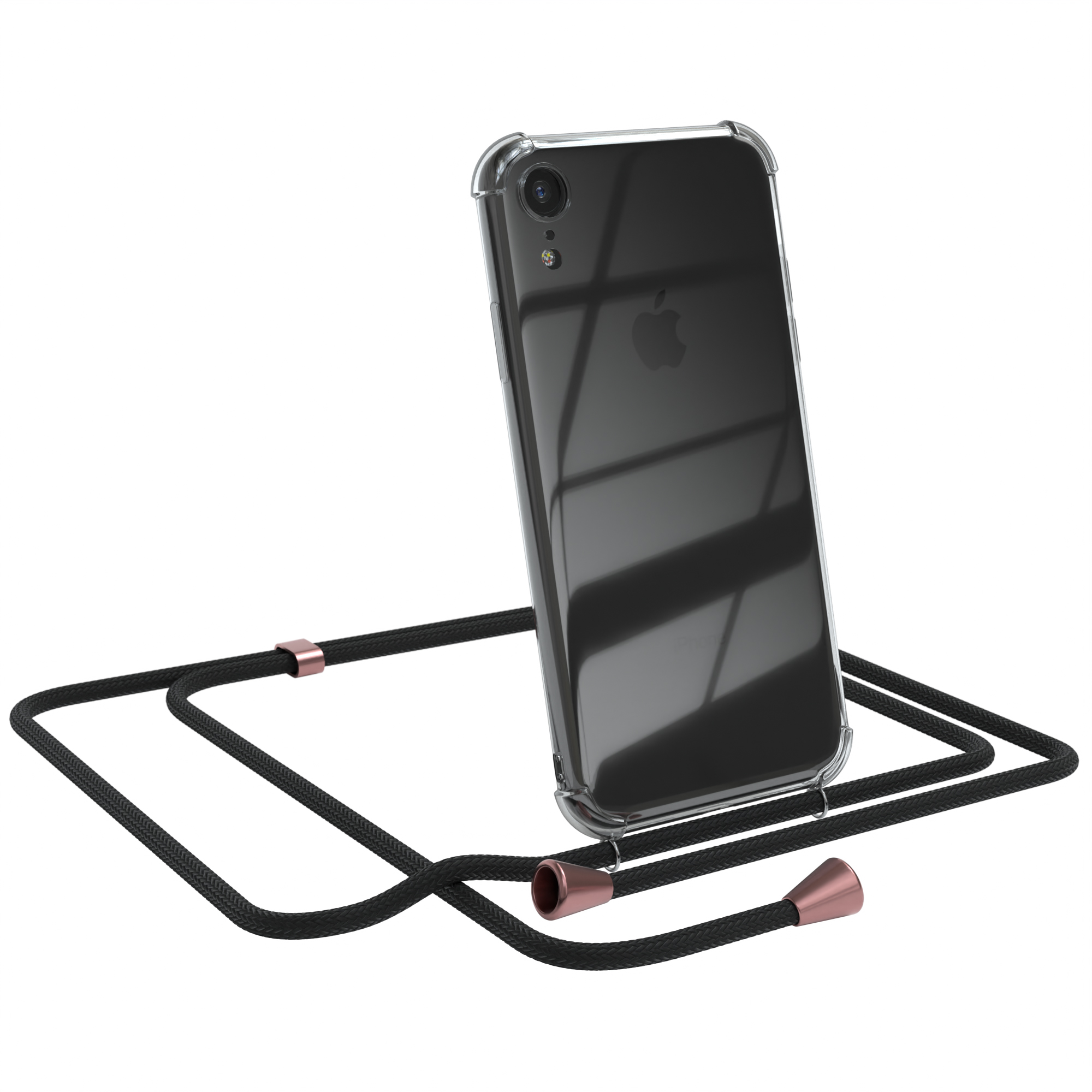 Transparente Handyhülle mit schwarzem Kordel. Apple-Telefon sichtbar. Weißer Hintergrund.