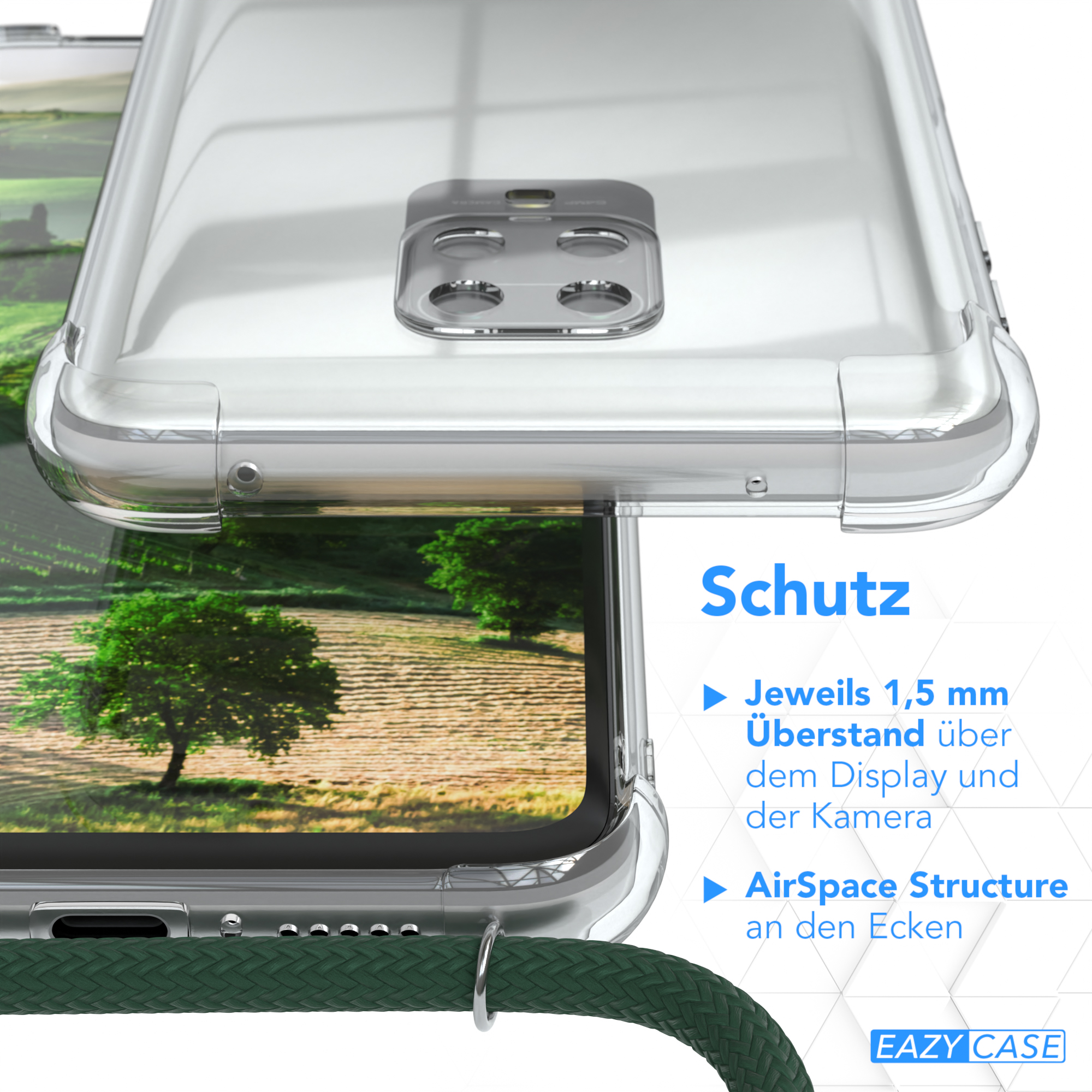 Nahaufnahme der transparenten Handyhülle. Zeigt AirSpace Structure und Text. Details des Designs und der Kamera.