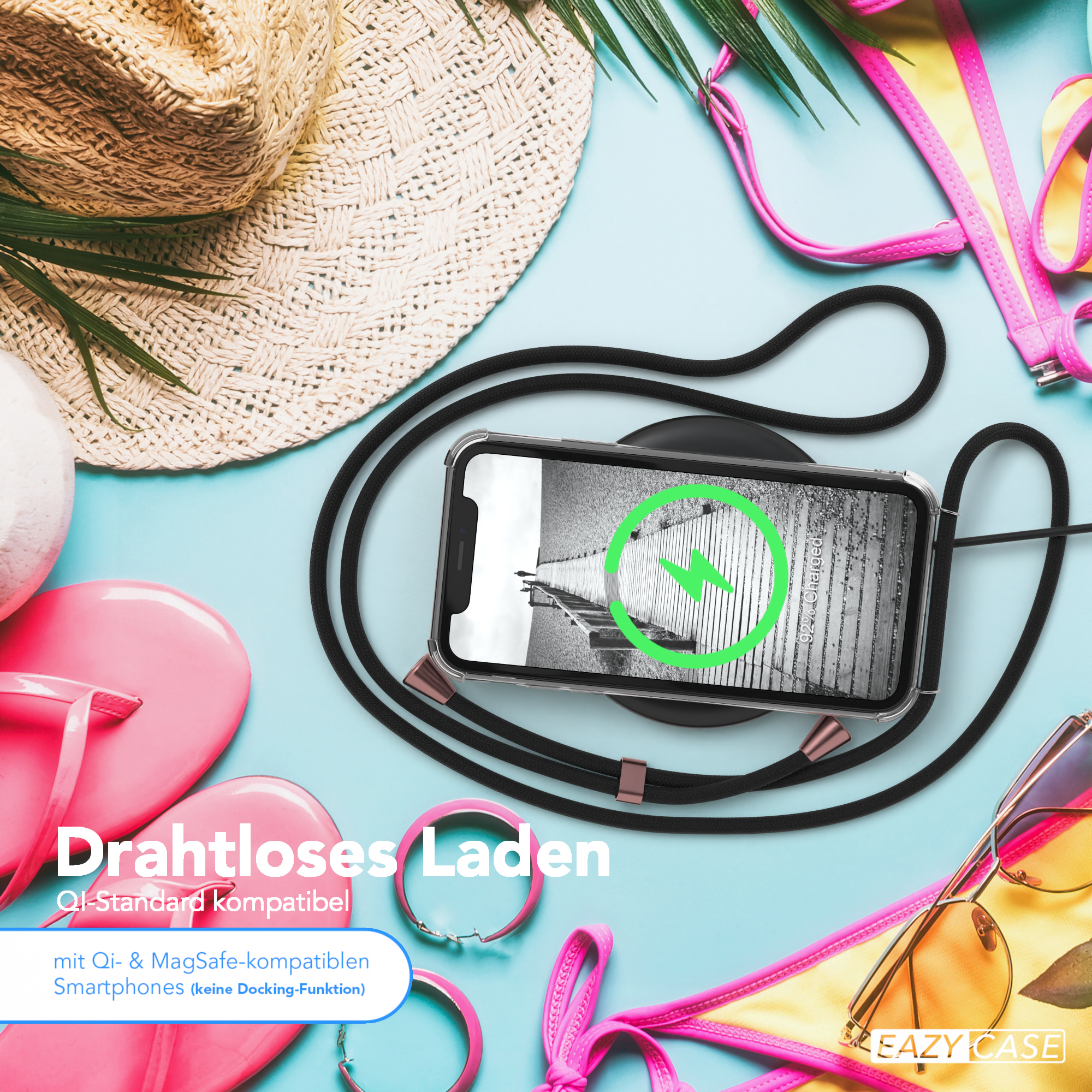 Telefon auf einem kabellosen Ladegerät. Zubehör wie Sonnenbrille und Flip-Flops sind ebenfalls sichtbar.