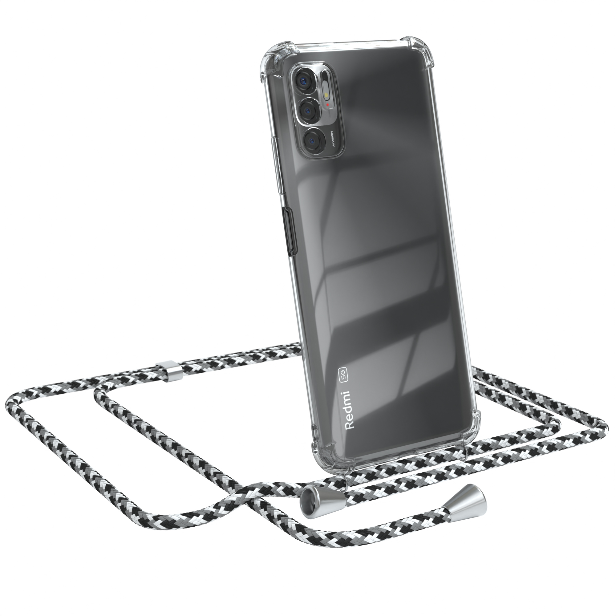 Transparente Handyhülle mit schwarz-weißem Kordel. Redmi-Handy mit drei Kameras.
