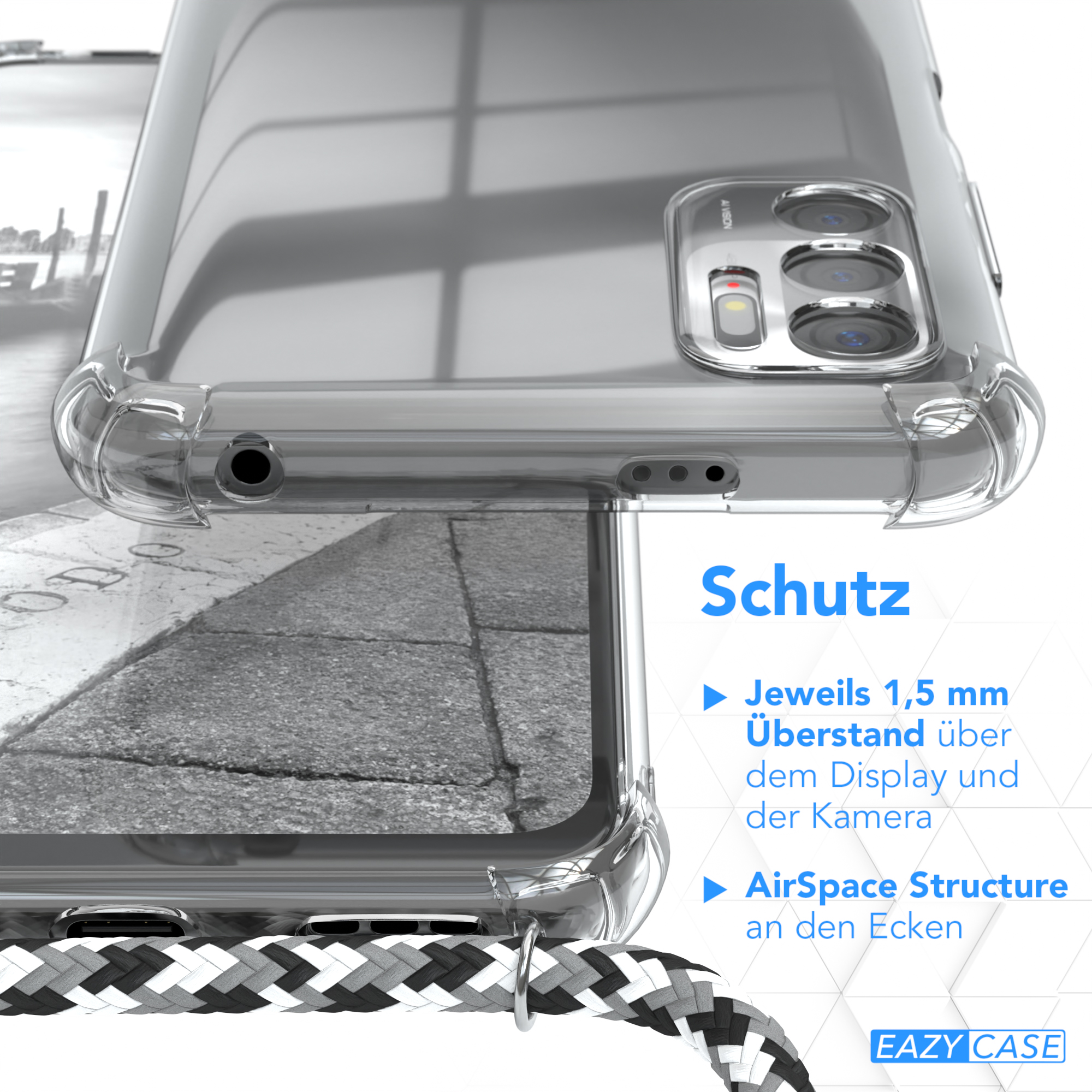 Nahaufnahme einer durchsichtigen Handyhülle, die Kamera und Seitentasten zeigt.