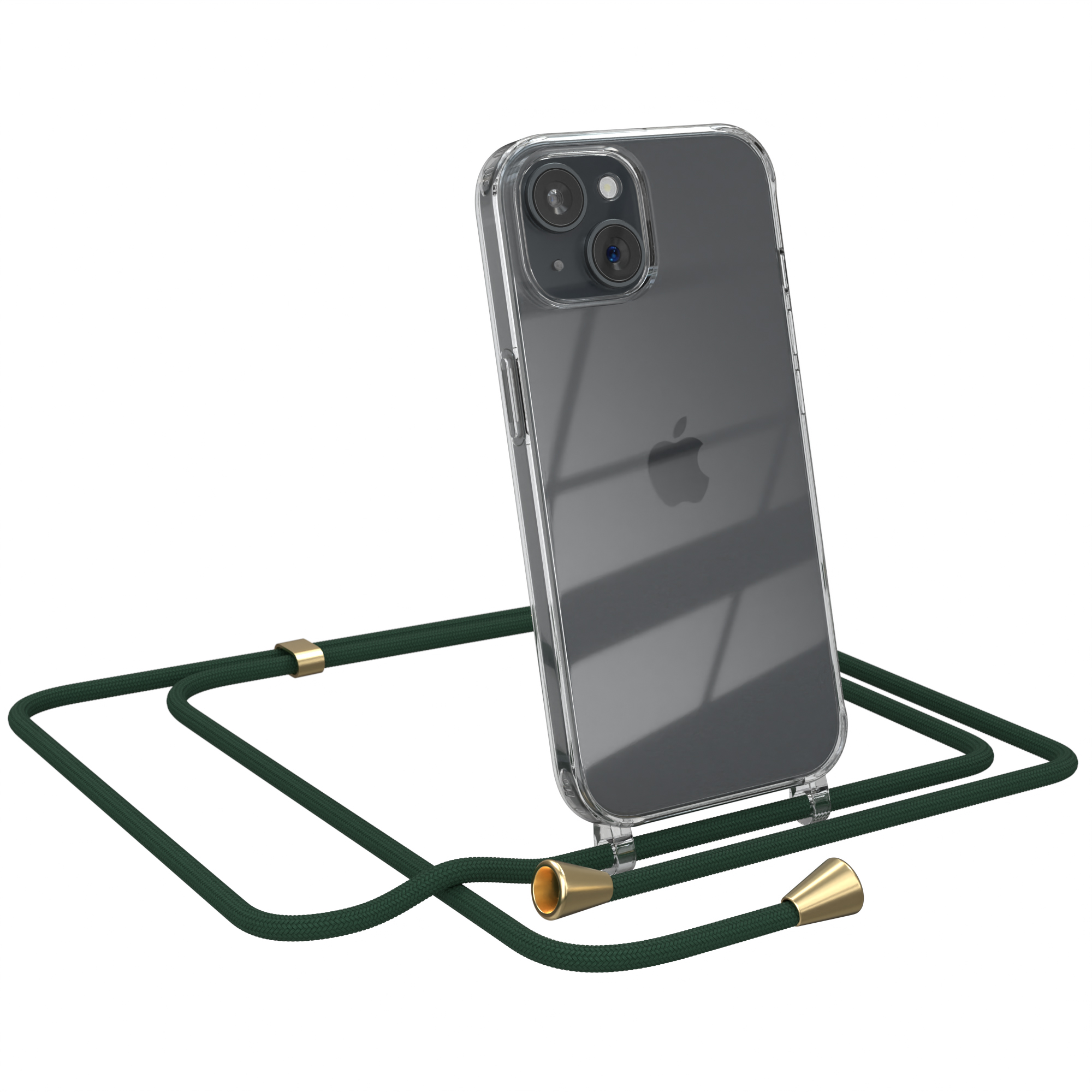 Klare Handyhülle mit dunkelgrünem Kordel. Ein iPhone befindet sich in der Hülle.