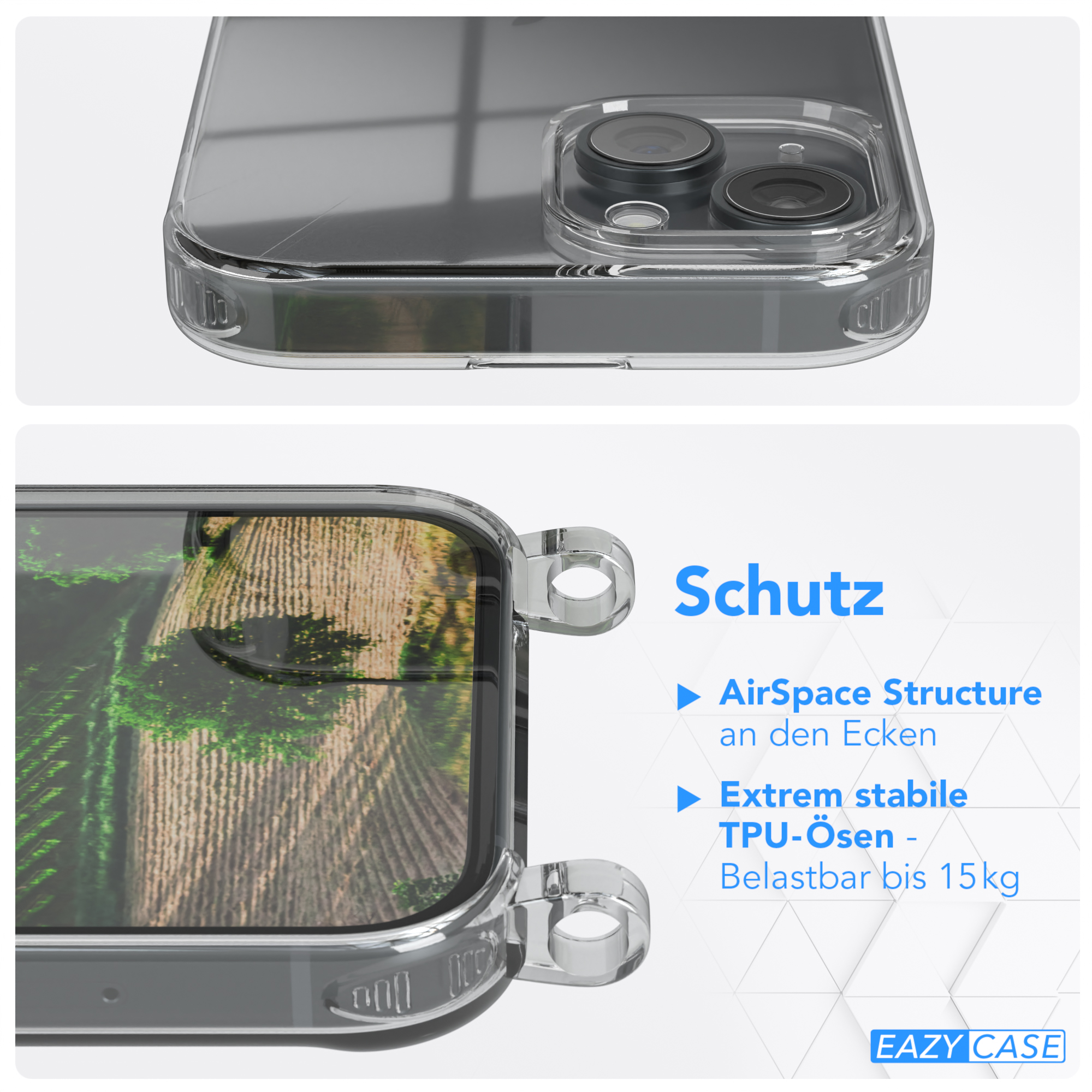 Nahaufnahme einer Handyhülle mit transparentem Design. Text befindet sich am unteren Bildrand.