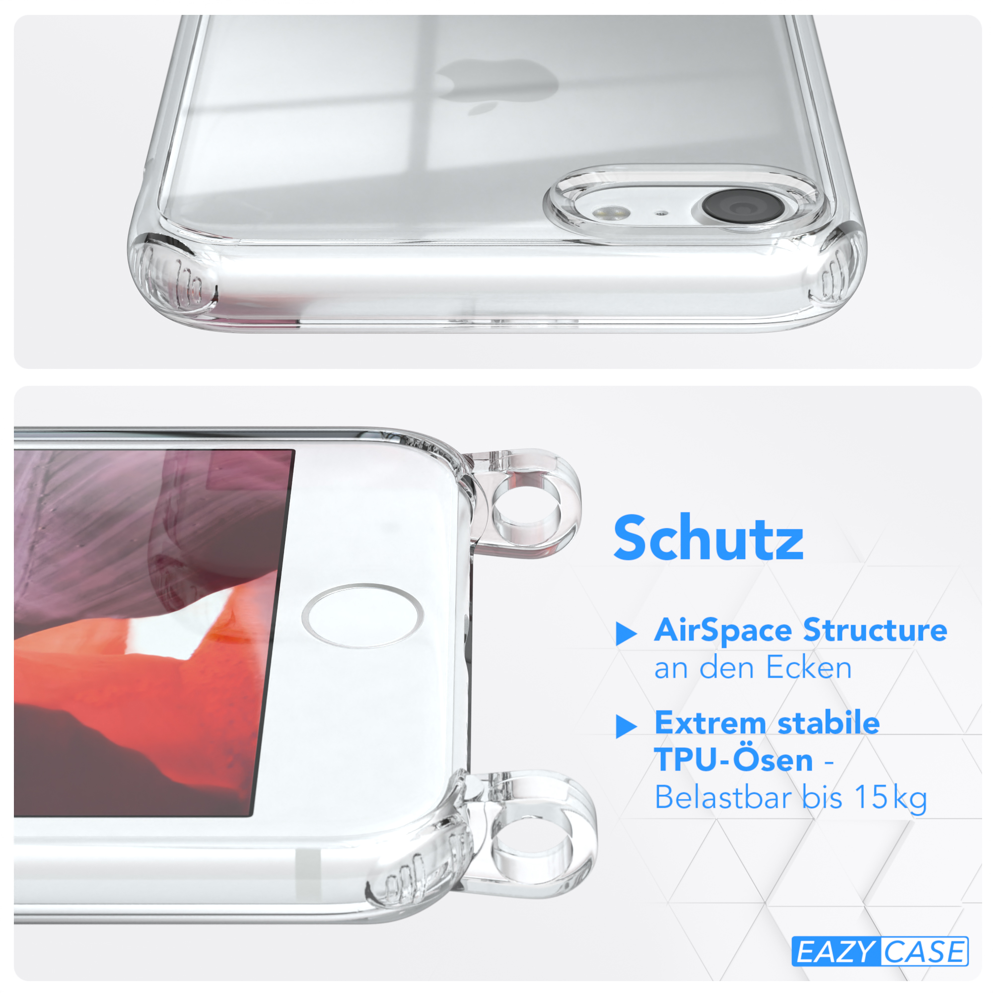 Nahaufnahme der Handyhülle mit Text, der Funktionen angibt. EAZY CASE Logo unten.