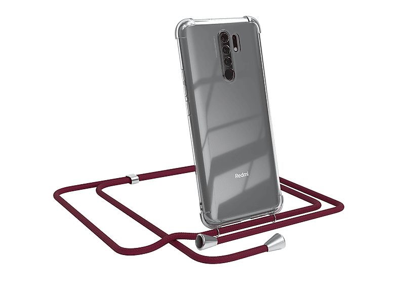 EAZY CASE Clear Cover mit Umhängeband, Umhängetasche, Xiaomi, Redmi 9 / Redmi 9 Prime, Bordeaux Rot / Clips Silber