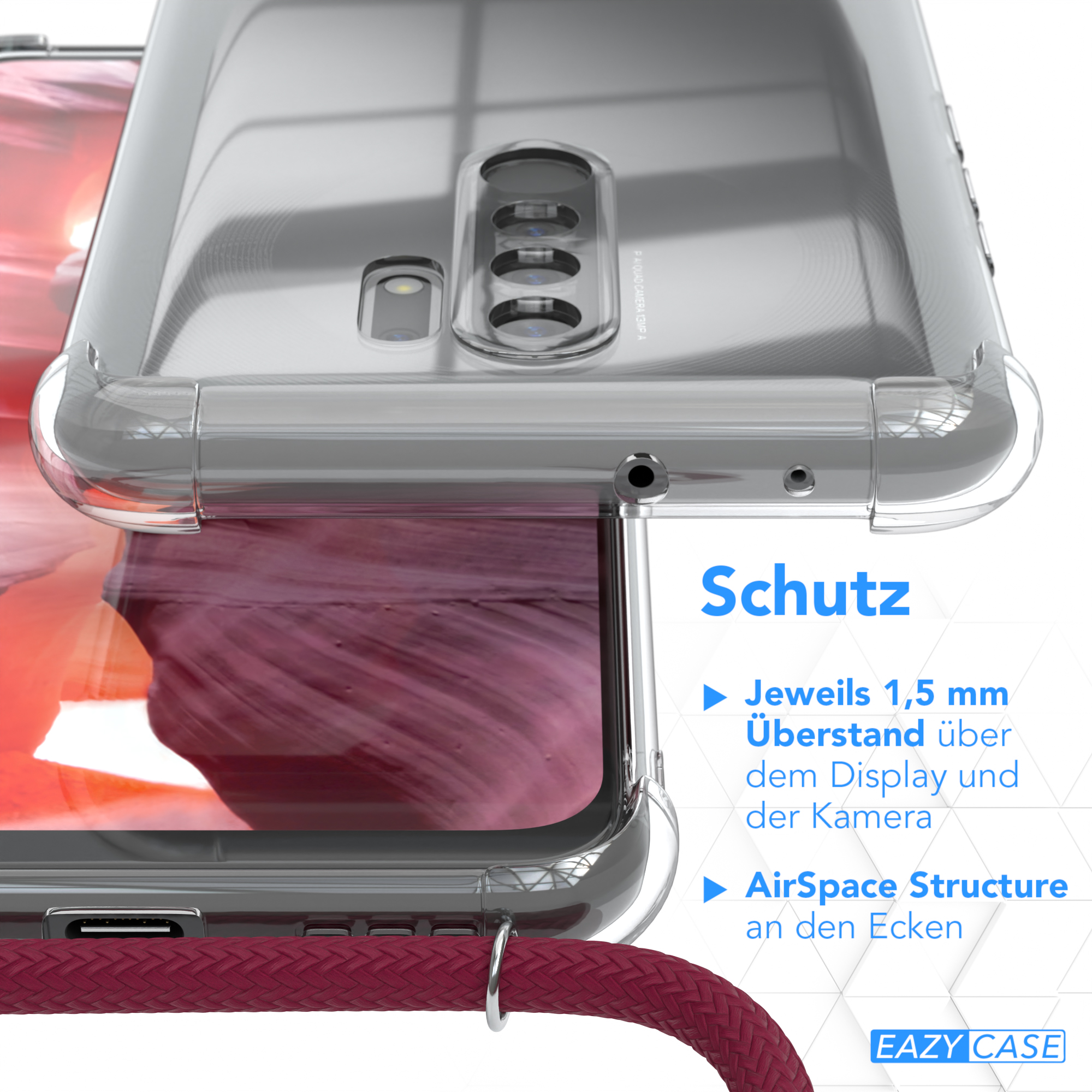 Transparente Handyhülle mit weinrotem Kabel, Telefondetail und rotem Bild.