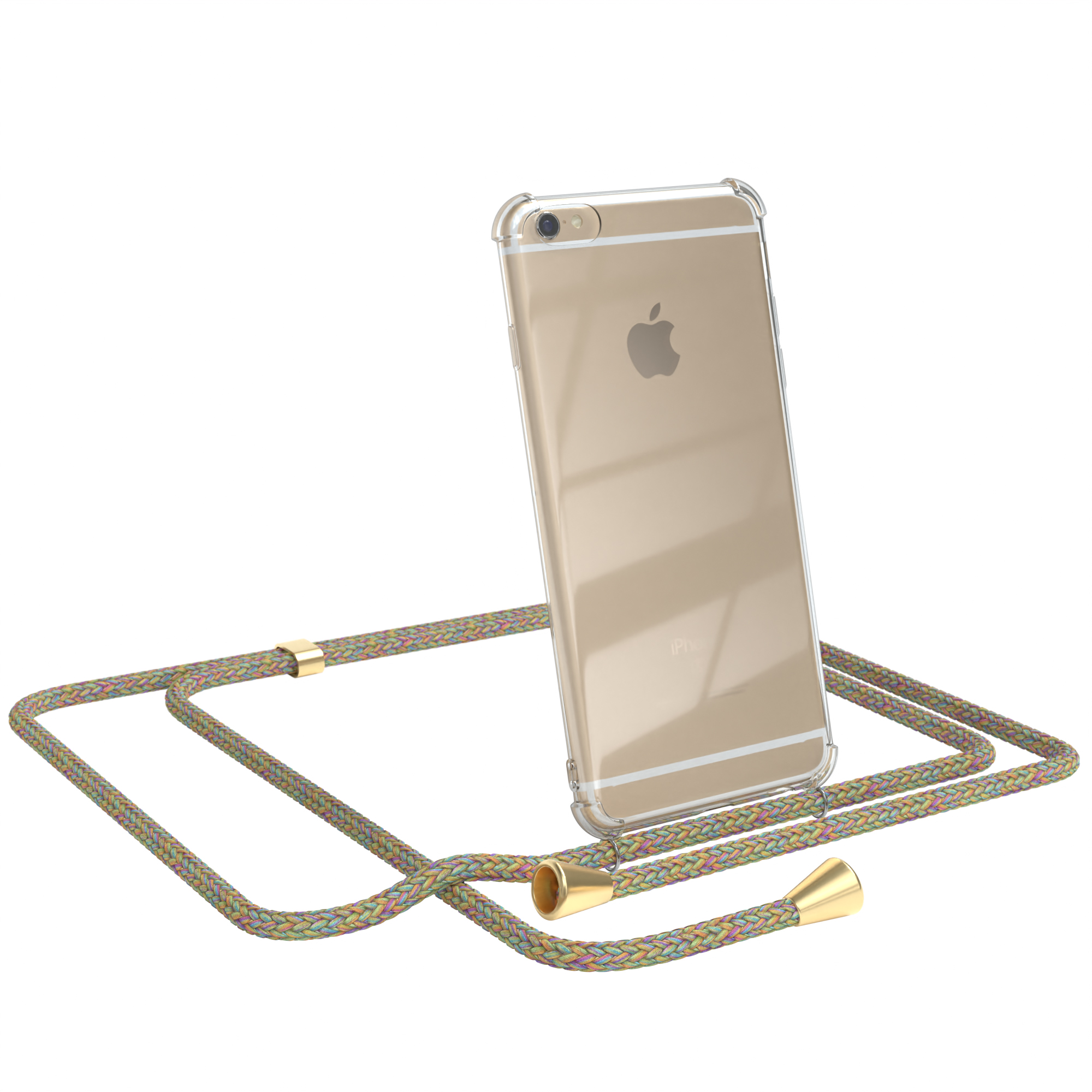 Goldenes iPhone mit klarer Hülle und mehrfarbigem Kabel. Das Telefon steht aufrecht, Apple-Logo sichtbar.