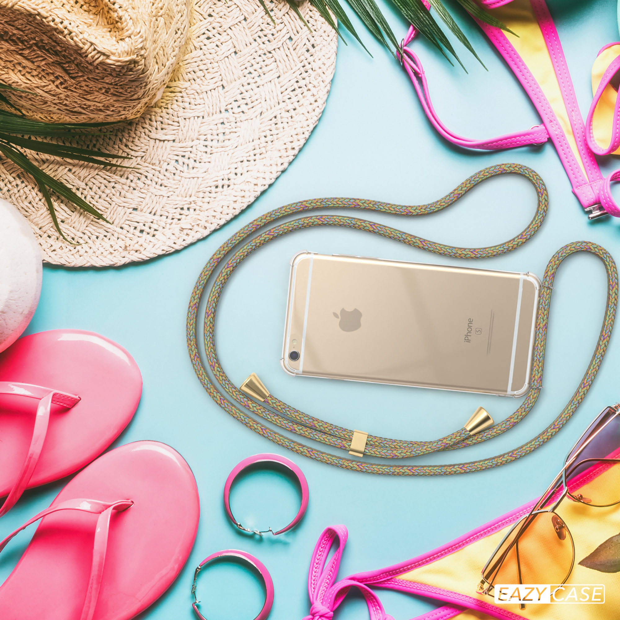 Strandszene mit Telefon, Flip-Flops, Sonnenbrille und Bikini-Oberteil. Telefon hat eine Schnur, alles auf Blau.