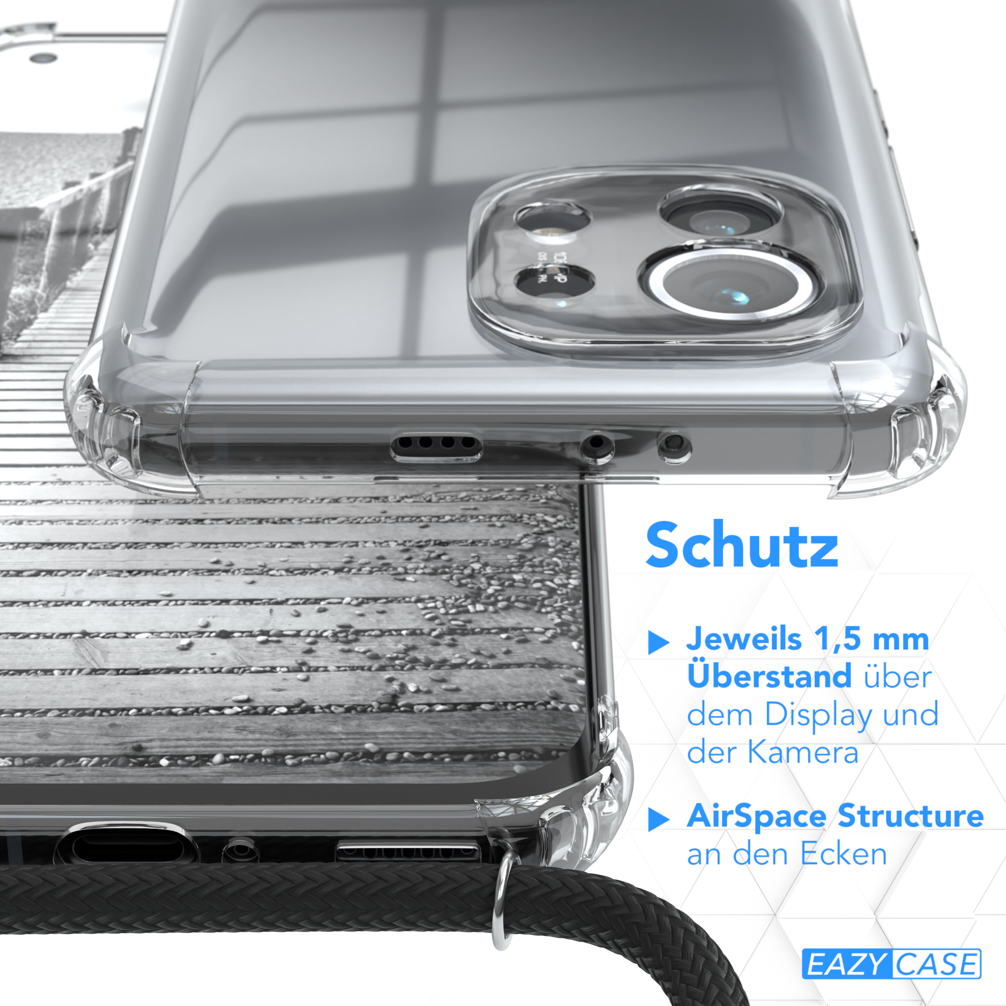 Transparente Handyhülle. Schutzdetails werden gezeigt. Schwarzes Band.