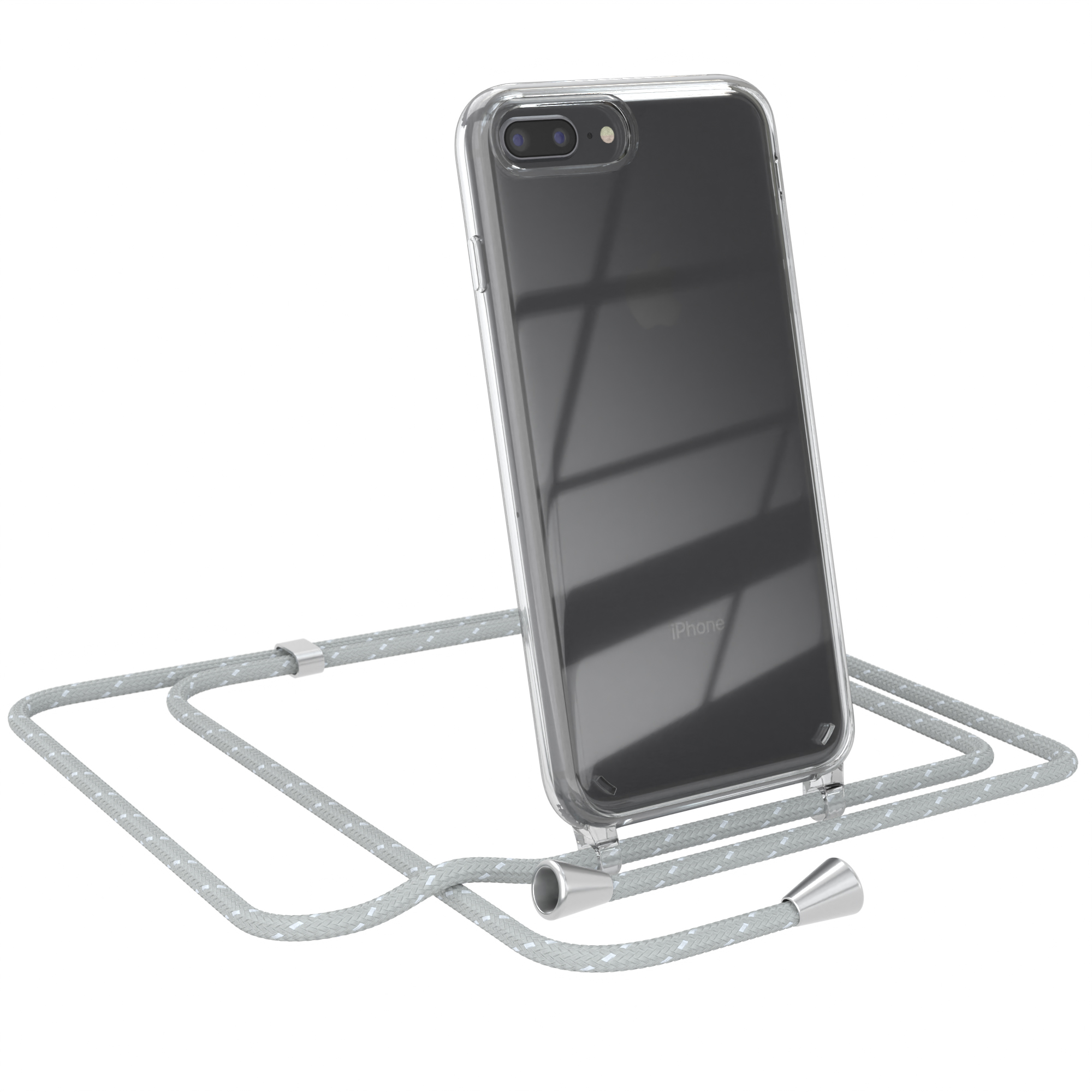 Transparente Handyhülle mit grauem Band. Das Telefon ist grau, das Band hat silberne Enden.