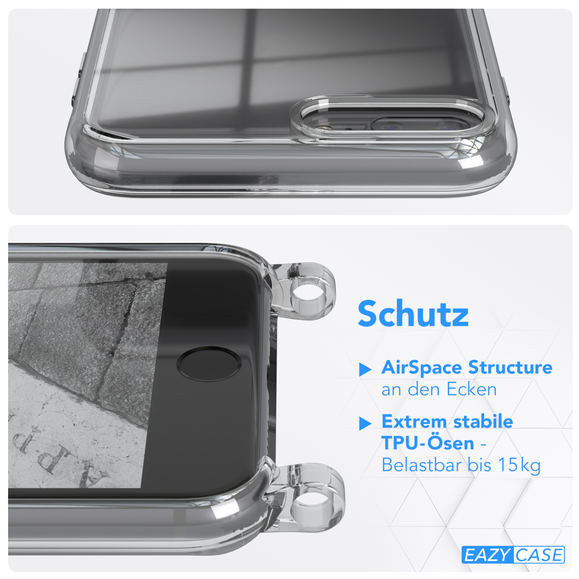 Nahaufnahme einer transparenten Handyhülle. Text über AirSpace Structure und TPU-Ösen.