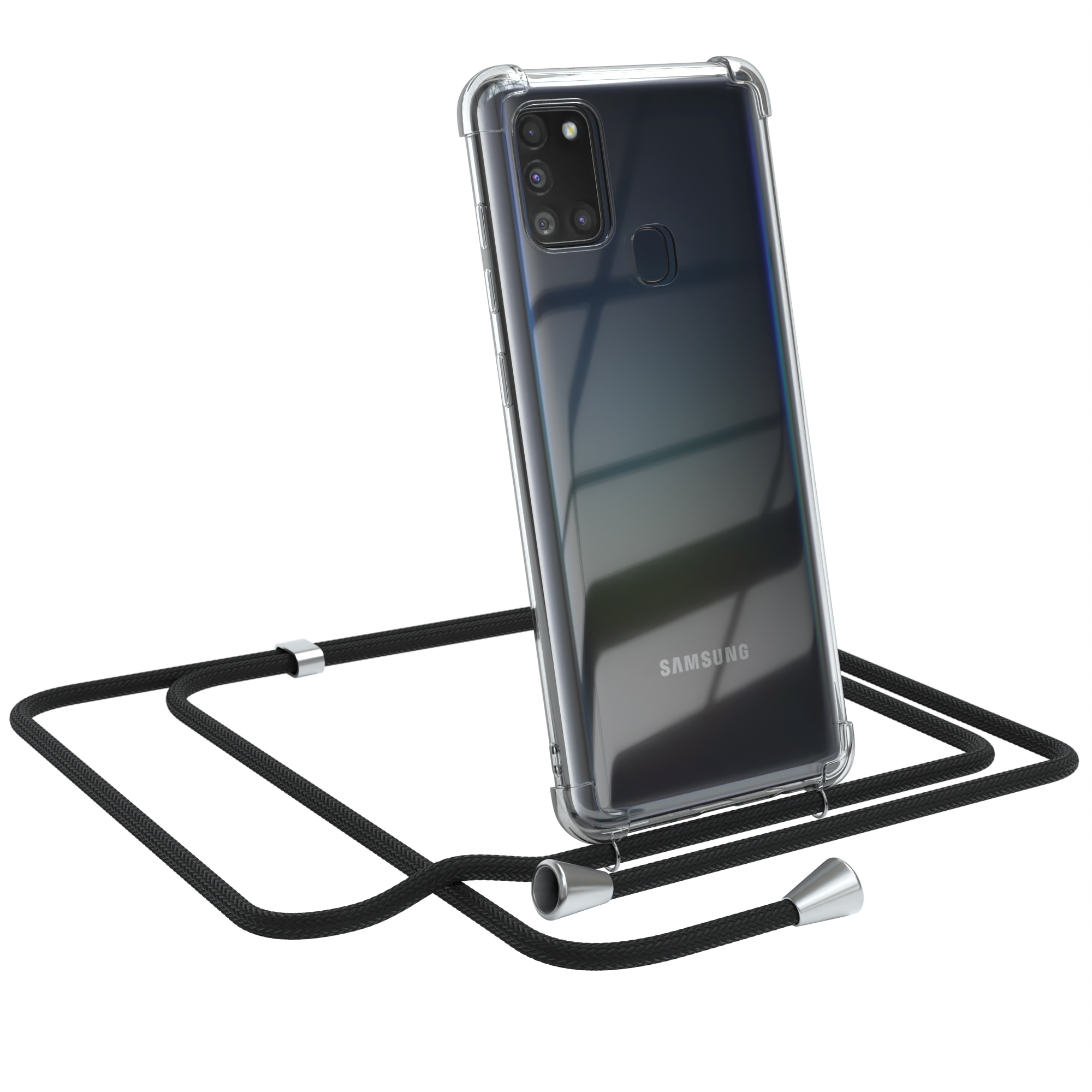 Transparente Handyhülle mit schwarzem Lanyard. Samsung-Telefon schräg, Kamera sichtbar.