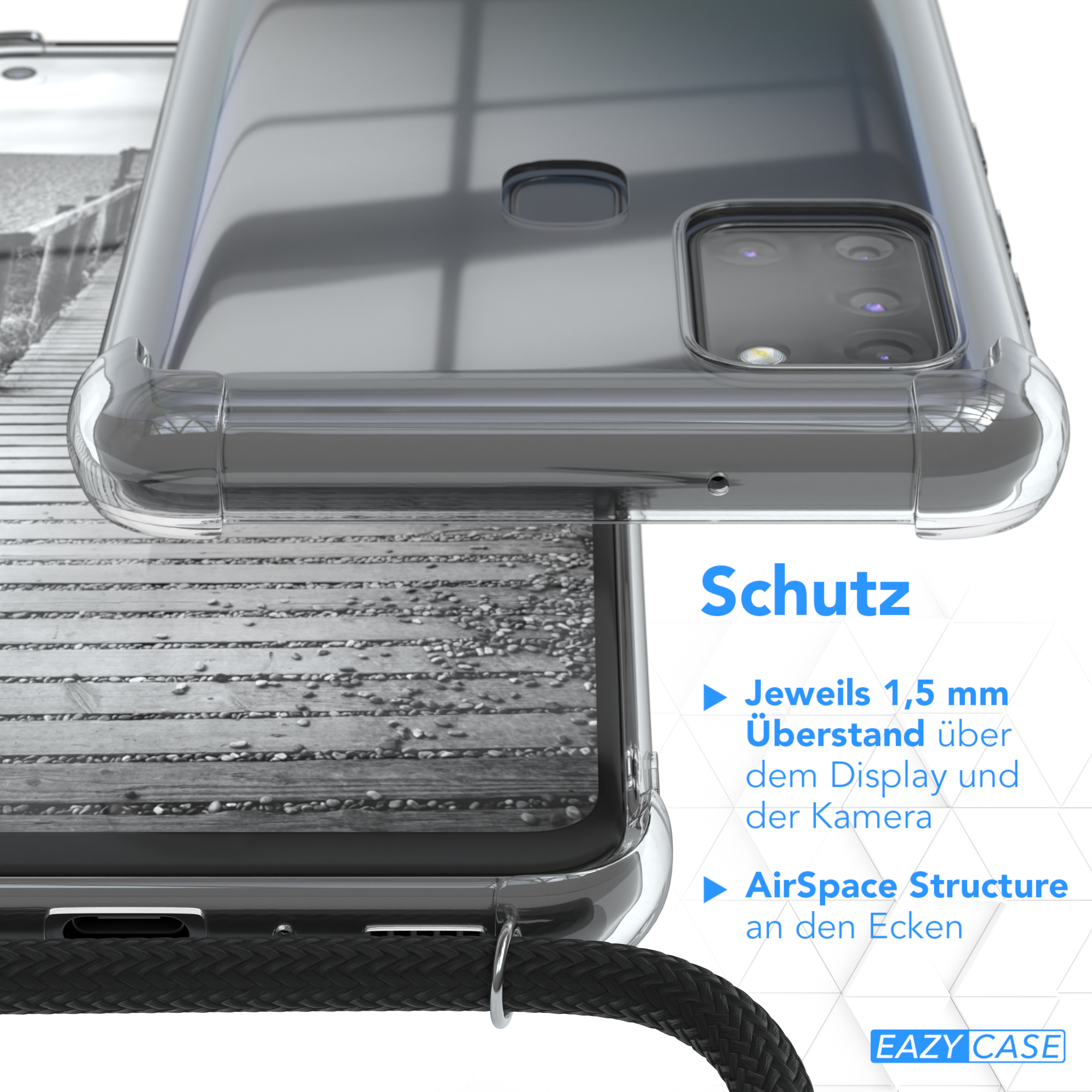 Transparente Handyhülle. Der Bildschirm zeigt einen Holzboden. Text auf der Hülle: 'Schutz'.