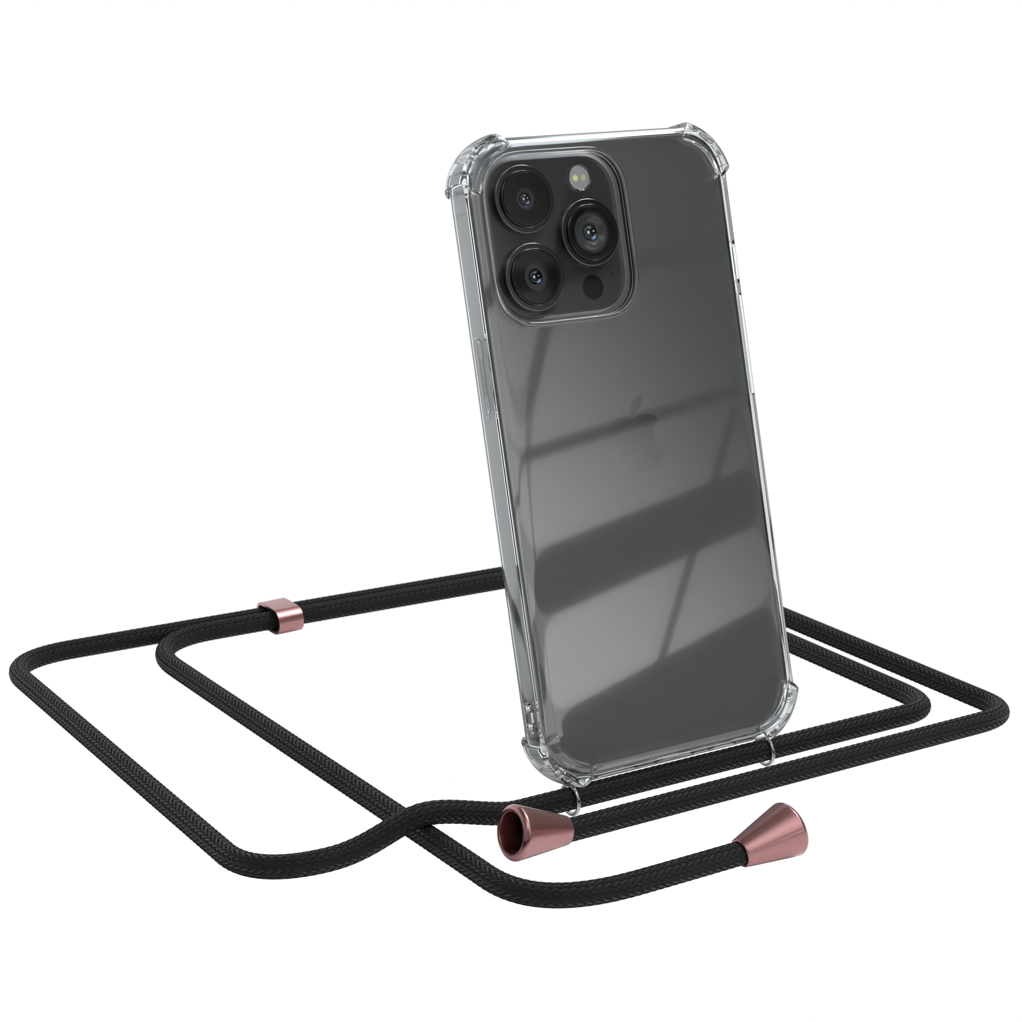 Telefon in klarer Hülle mit schwarzem Riemen.