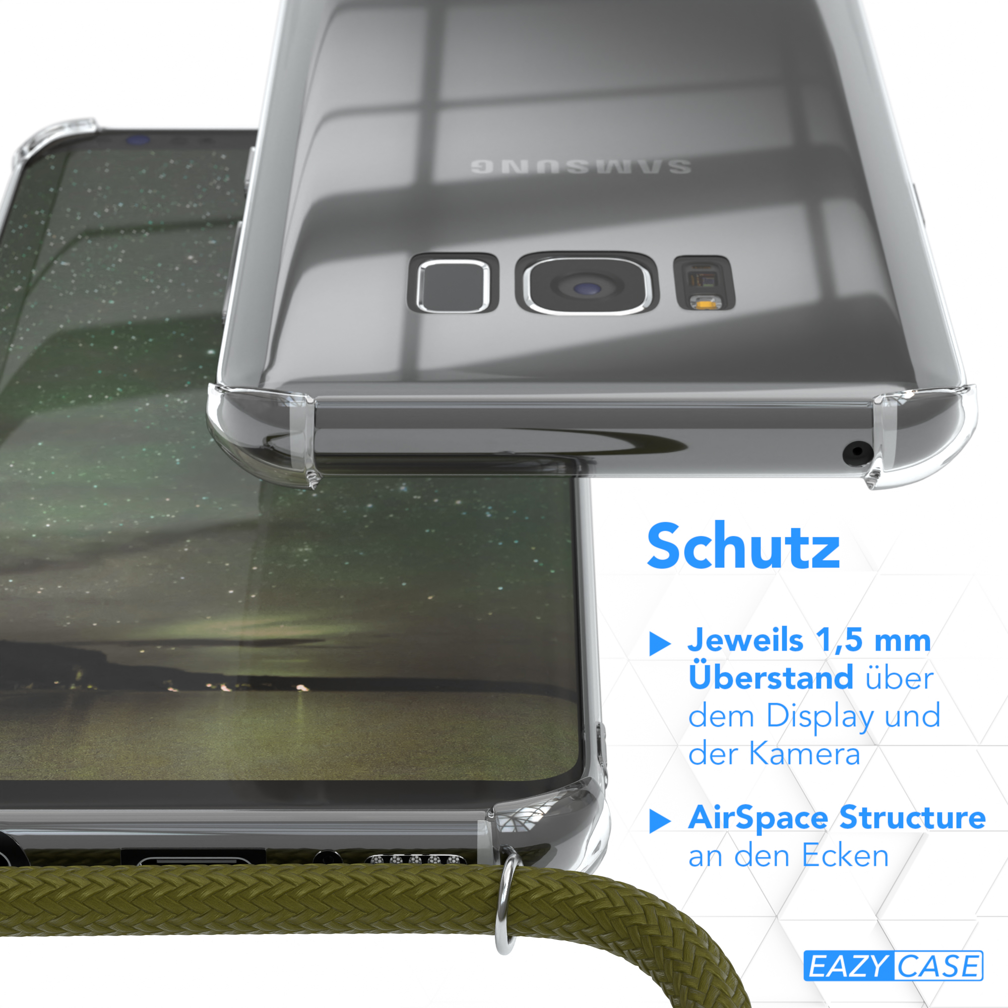 Klare Handyhülle, Text 'Schutz' und Details zur Hülle, grünes Band.