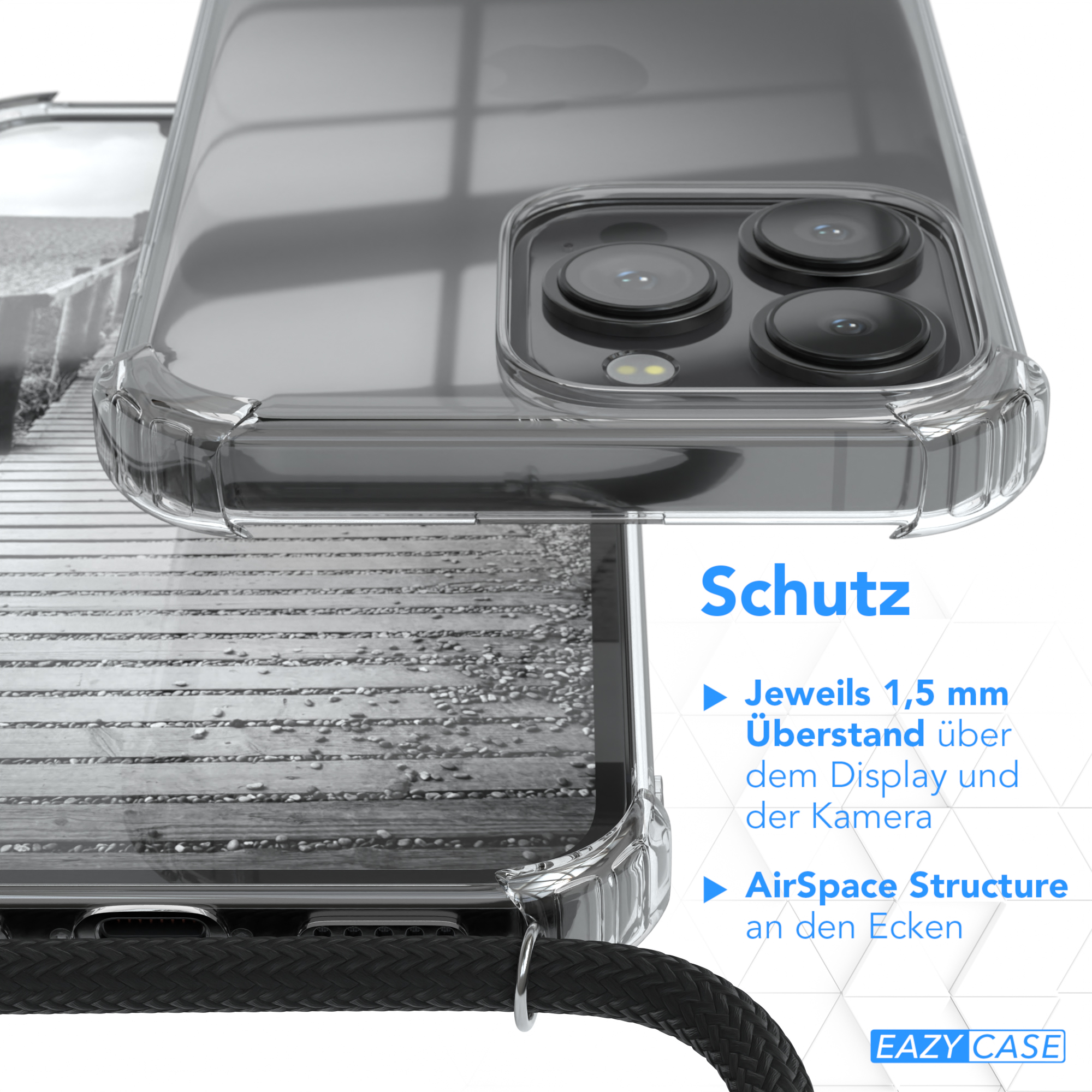 Nahaufnahme einer transparenten Handyhülle mit befestigtem schwarzem Riemen.