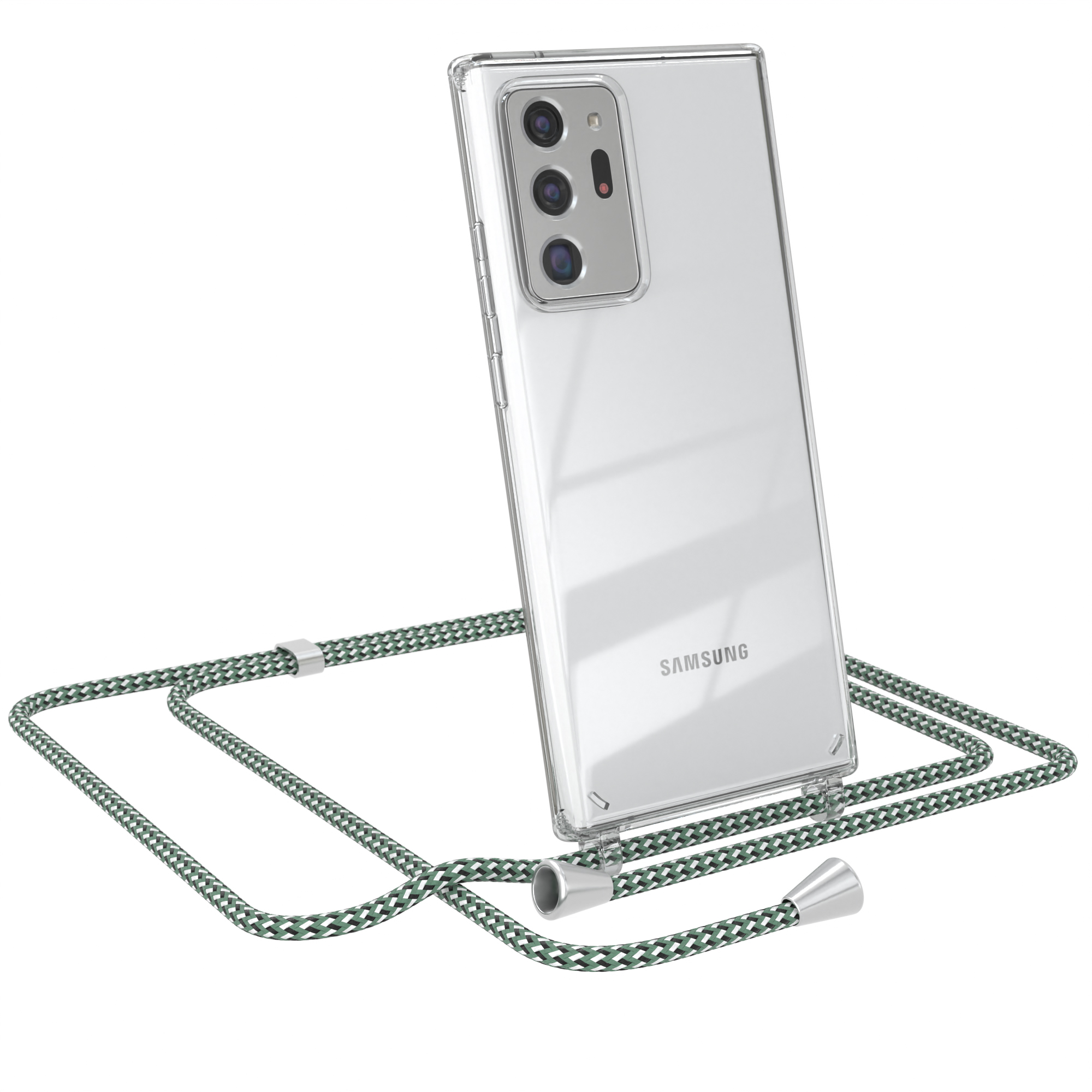 Transparente Handyhülle mit grünem Kabel. Samsung Handy mit transparenter Hülle.