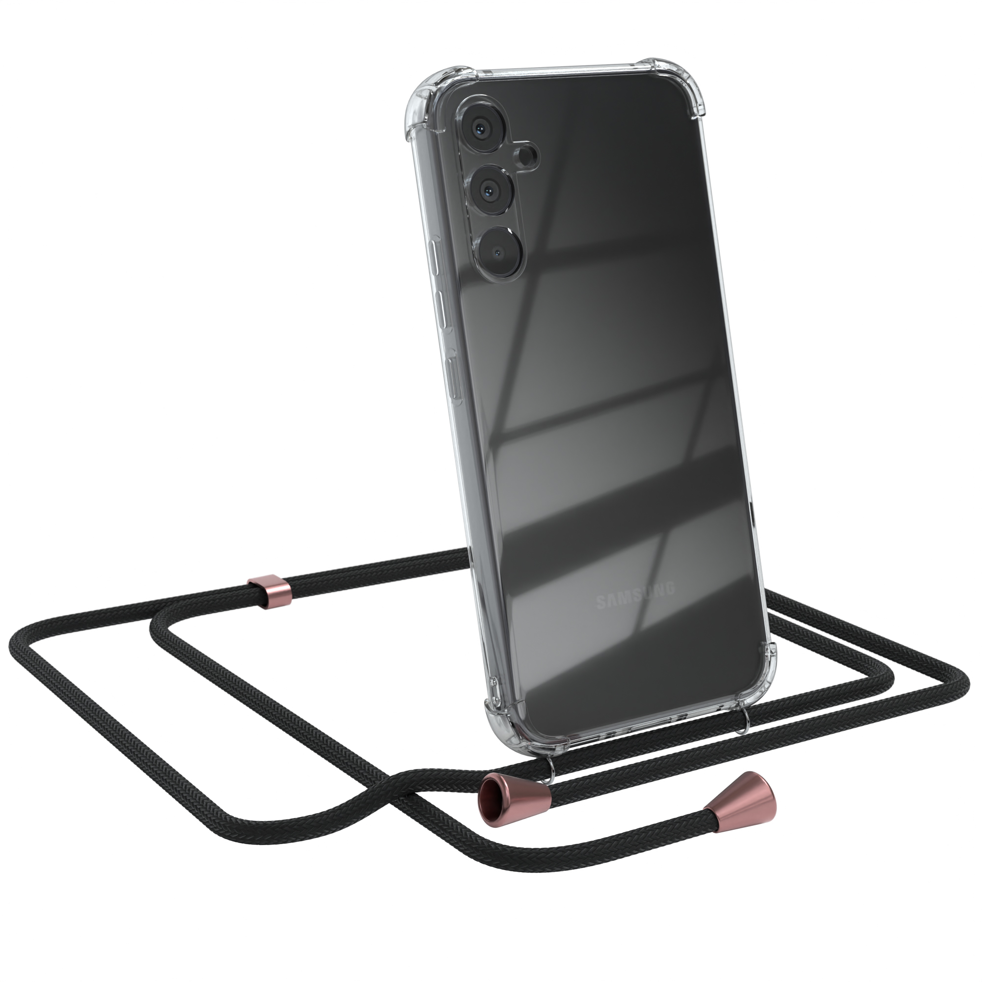 Transparente Handyhülle mit schwarzem Lanyard auf weißem Hintergrund. Samsung-Handy ist sichtbar.