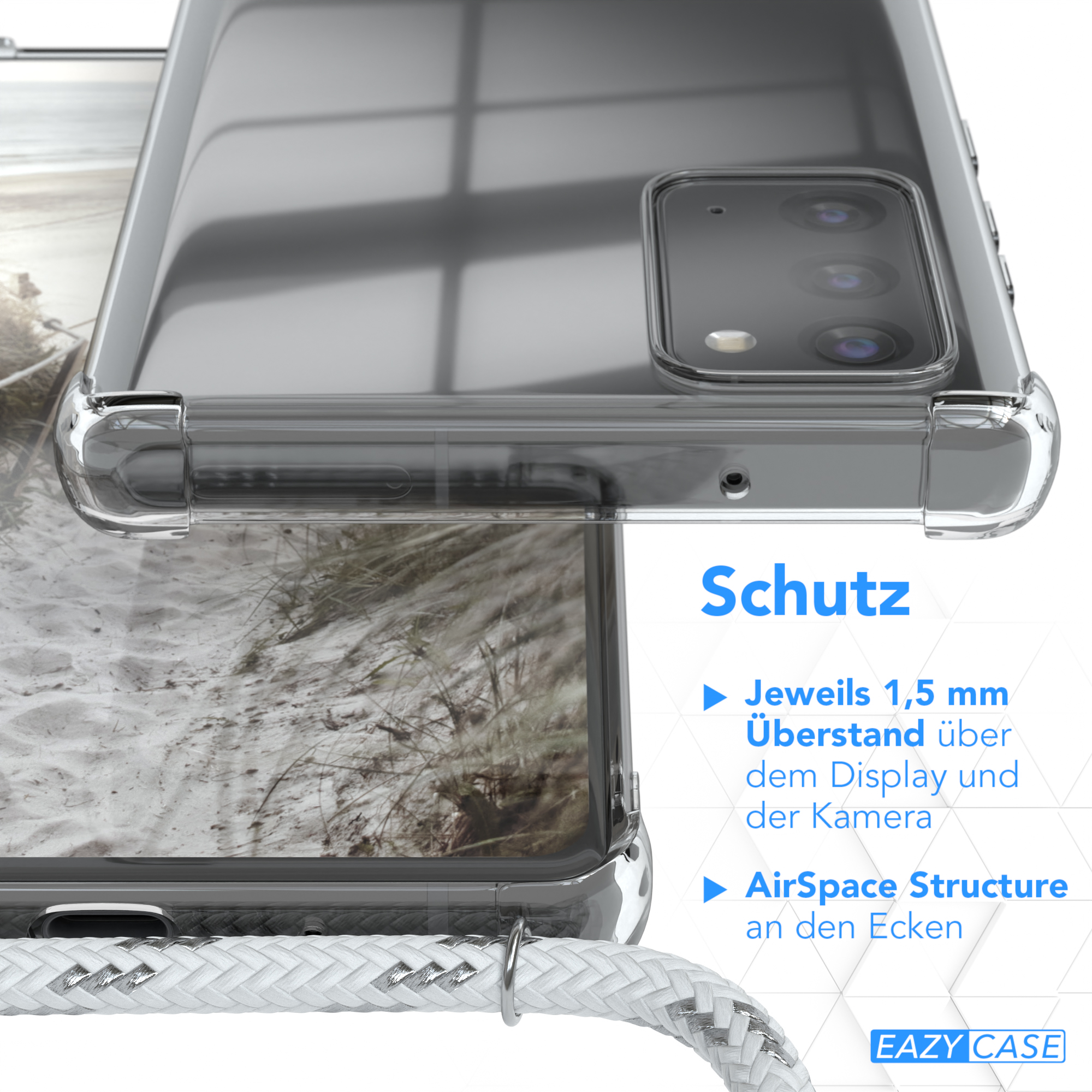 Nahaufnahme einer Handyhülle mit Details. Text zeigt Schutzfunktionen wie 1,5mm Display und Eckstruktur.