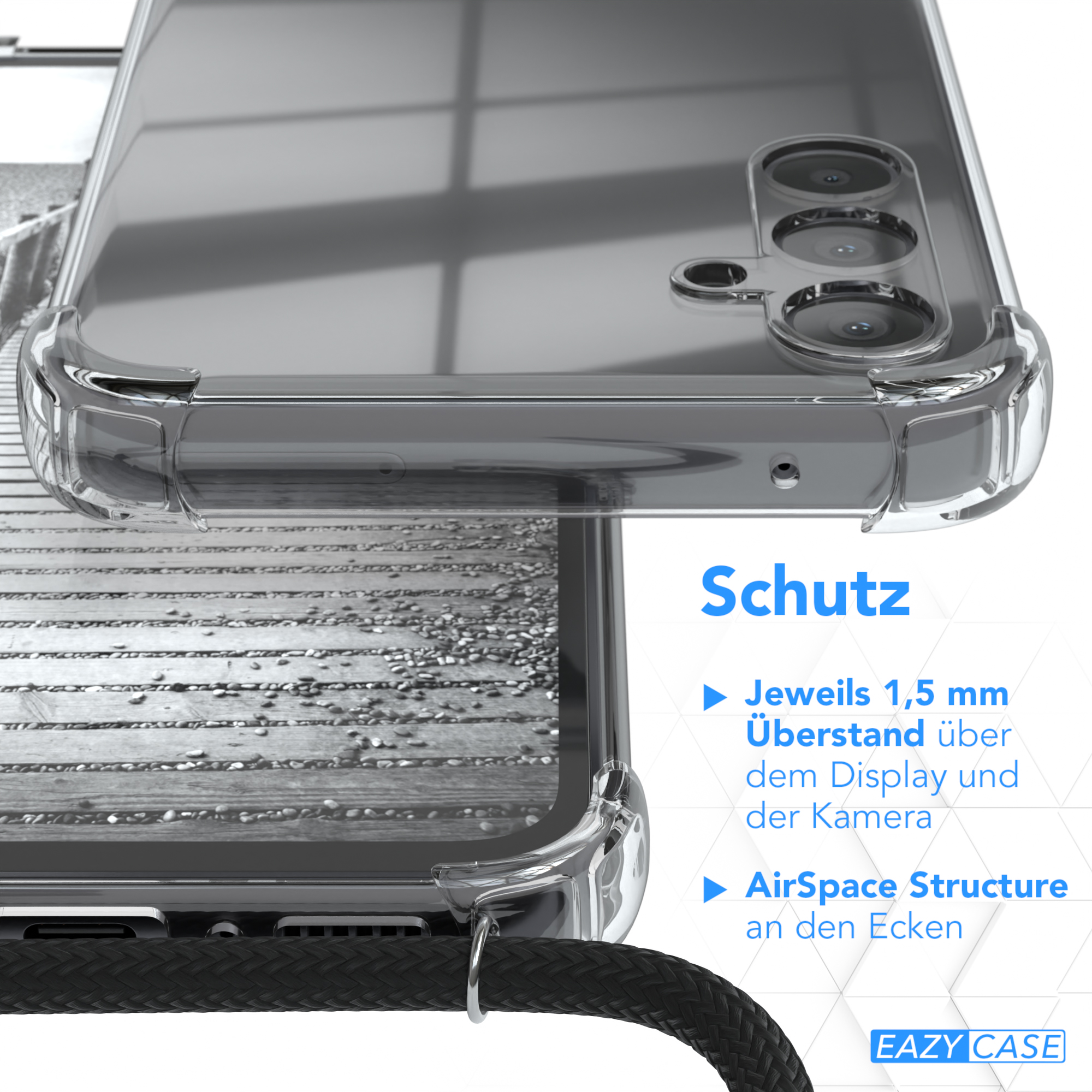 Nahaufnahme einer Handyhülle mit Text zum Schutz. Zeigt 1,5 mm über dem Display und AirSpace Structure.