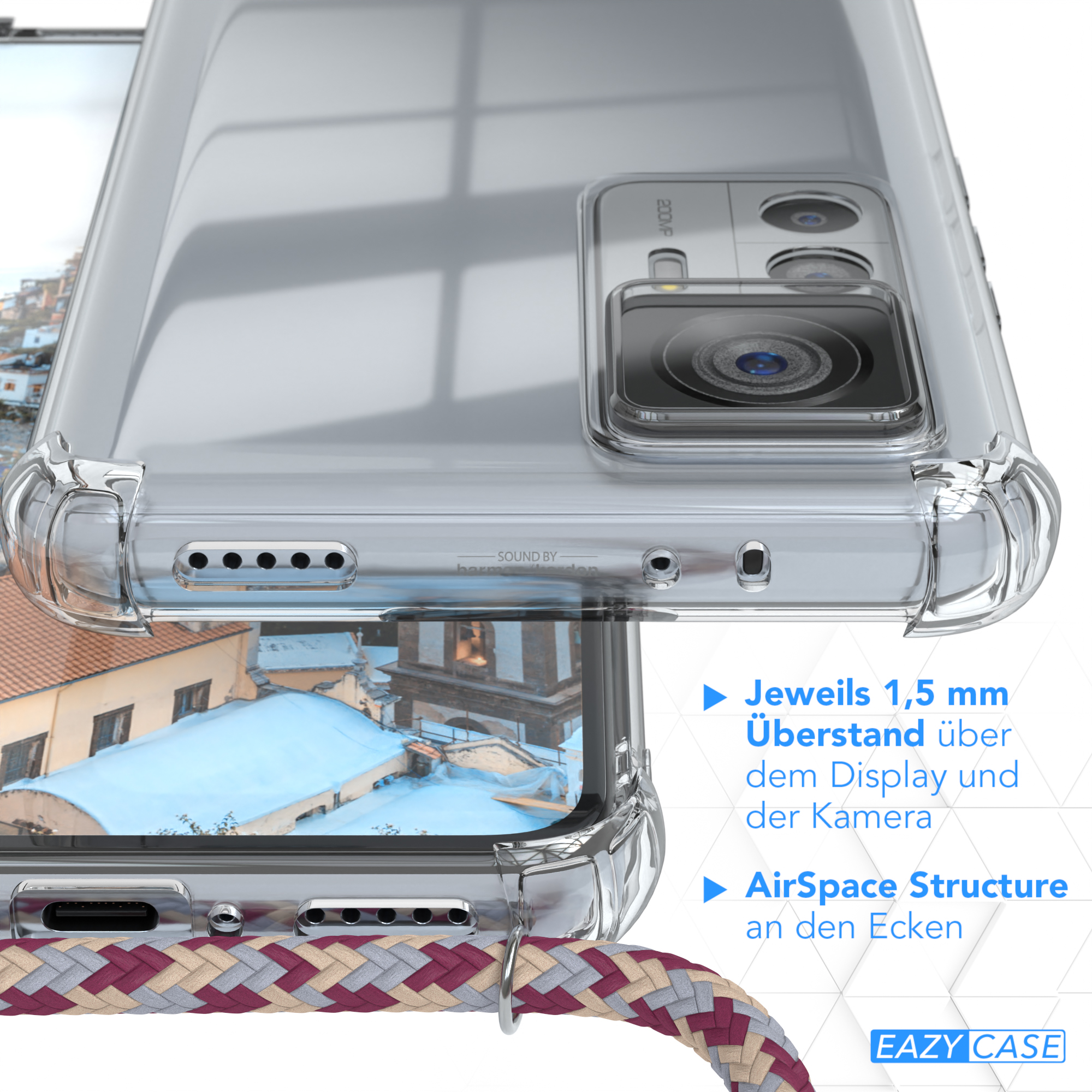 Transparente Handyhülle mit rot-weiß-grauem Seil. Text: Schutz, 1,5 mm über Display und Kamera.