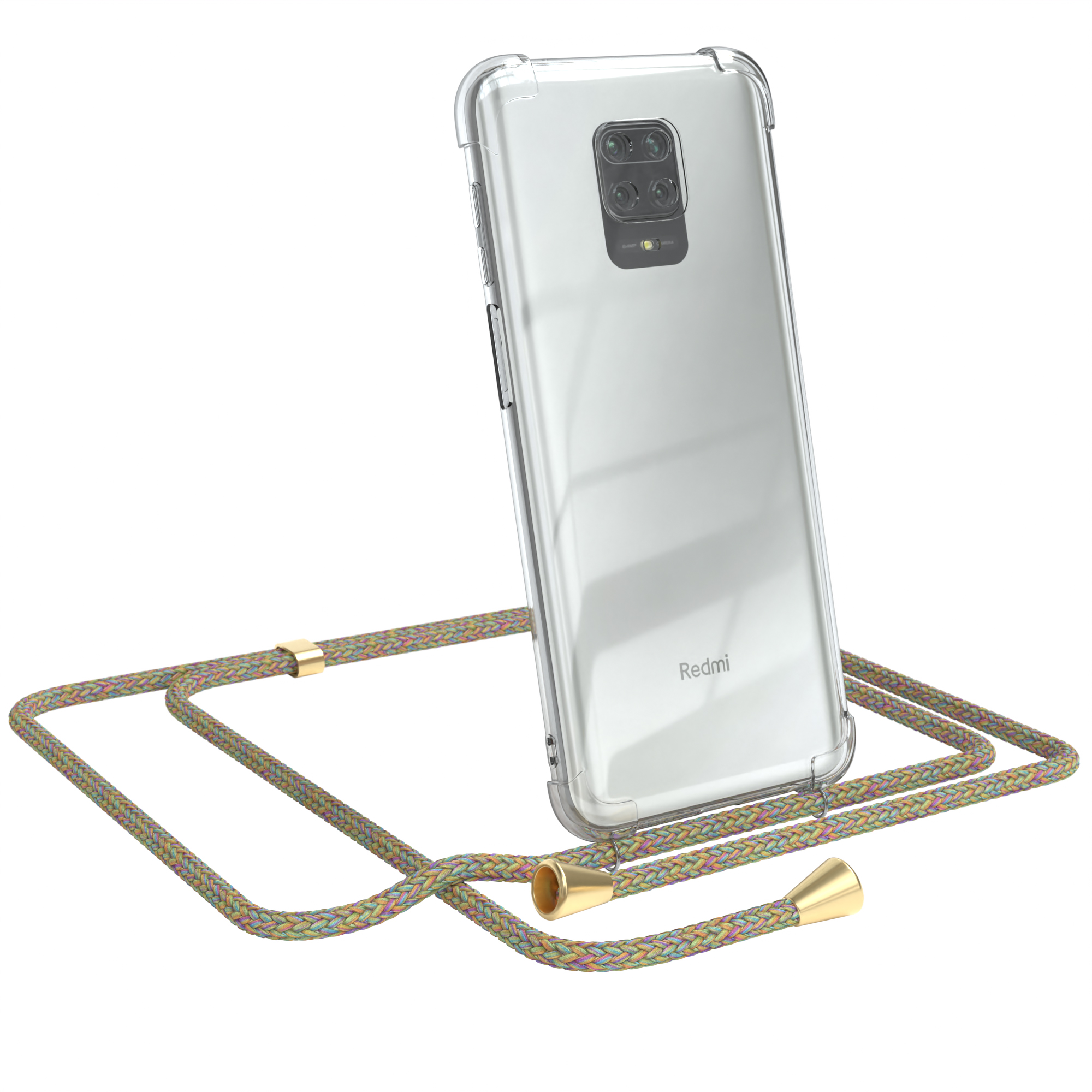 Transparente Handyhülle mit gelbem Kordel. Redmi-Handy mit drei Kameras.