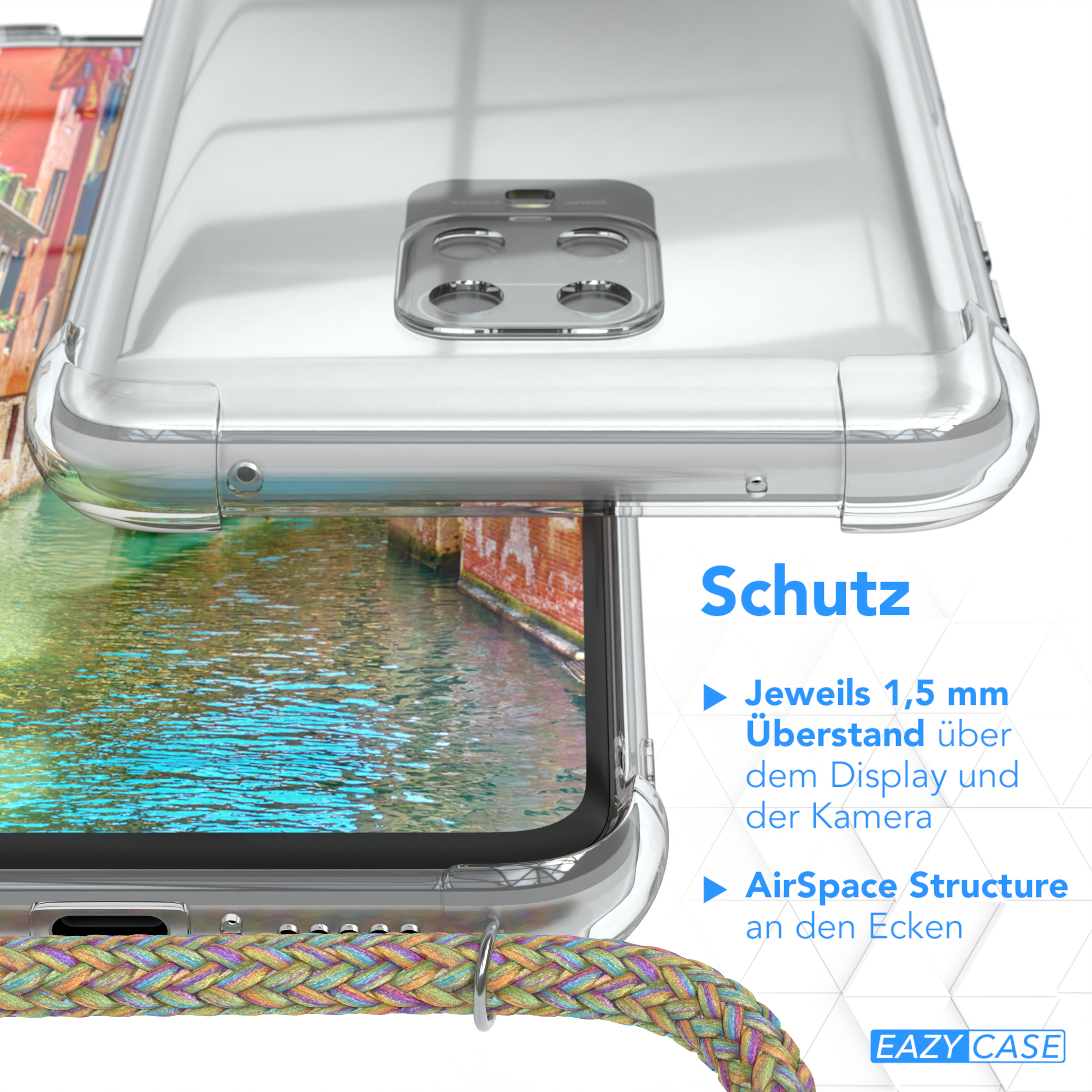 Nahaufnahme eines Telefons in einer transparenten Hülle. Die Hülle zeigt Schutzfunktionen, Text auf Deutsch.