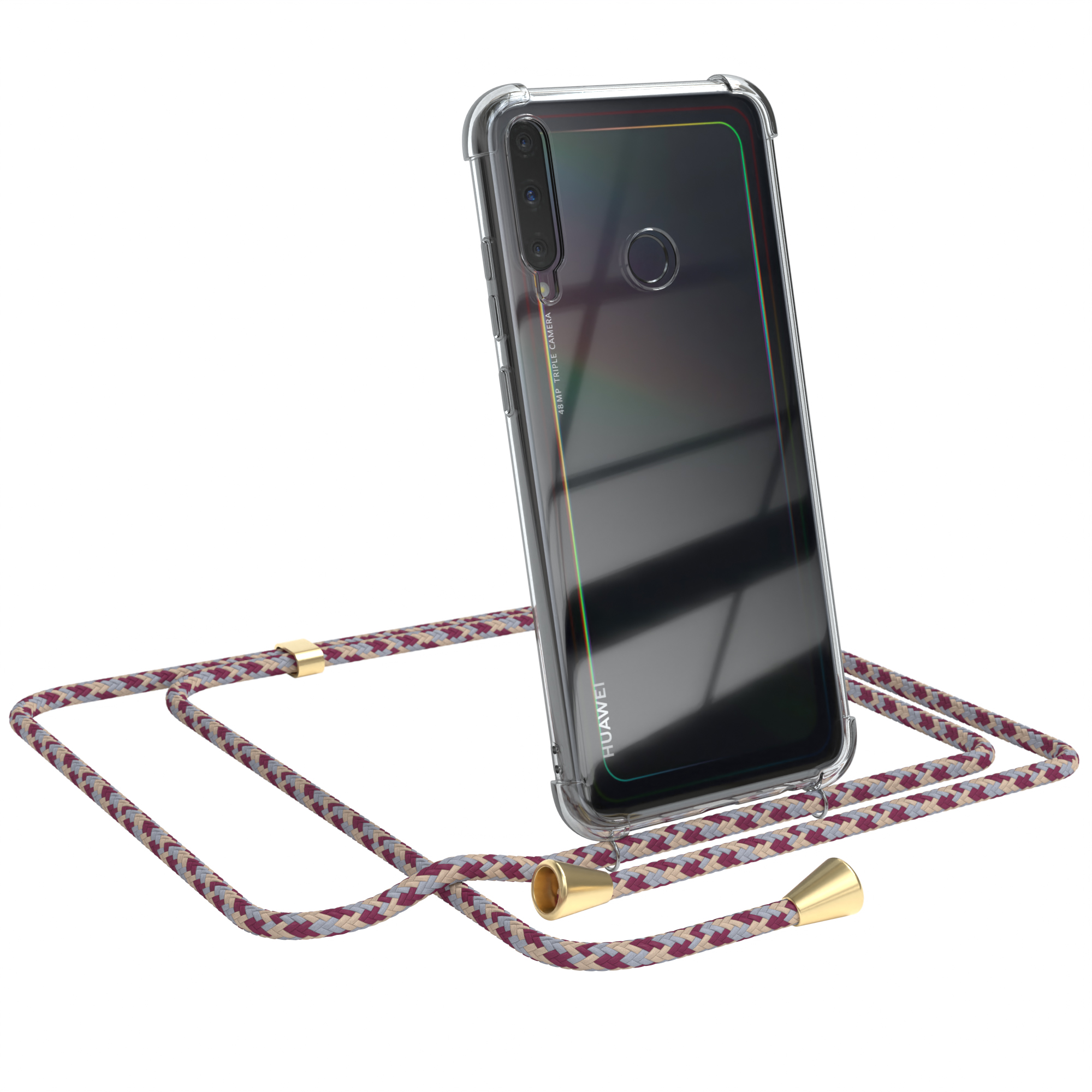 Transparente Handyhülle mit rot-braunem Seilriemen. Huawei-Telefon sichtbar.