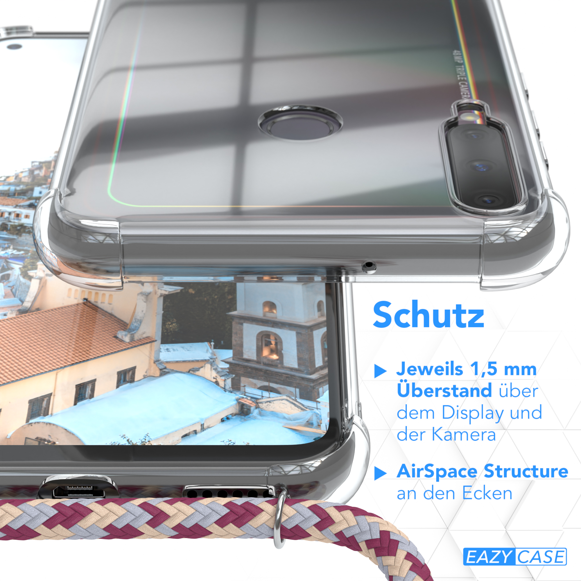 Nahaufnahme einer durchsichtigen Handyhülle über einem Telefon. Details zum Schutz mit deutschem Text.