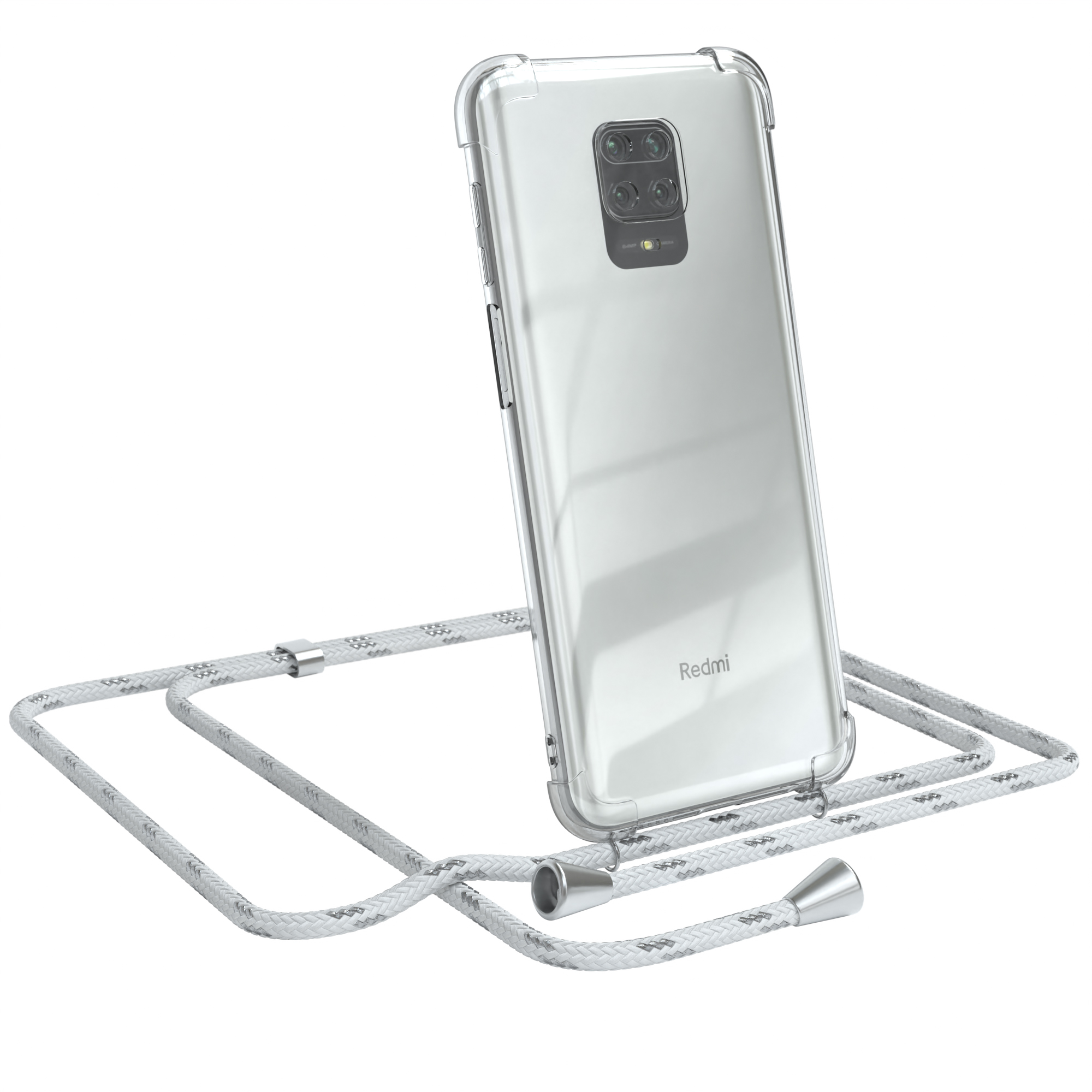 Eine transparente Handyhülle mit hellgrauem Schlüsselband, das Telefon lehnt.