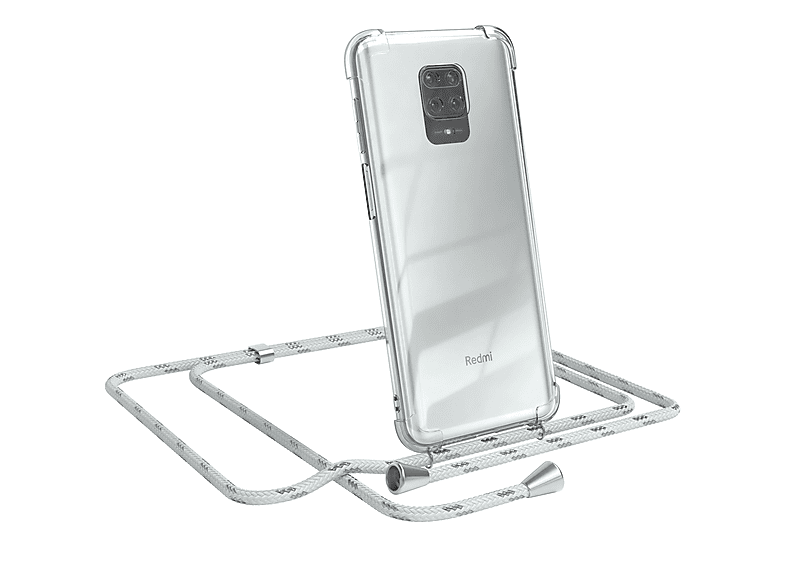 EAZY CASE Clear Cover mit Umhängeband, Umhängetasche, Xiaomi, Redmi Note 9S / 9 Pro / 9 Pro Max, Weiß / Clips Silber | Handyketten