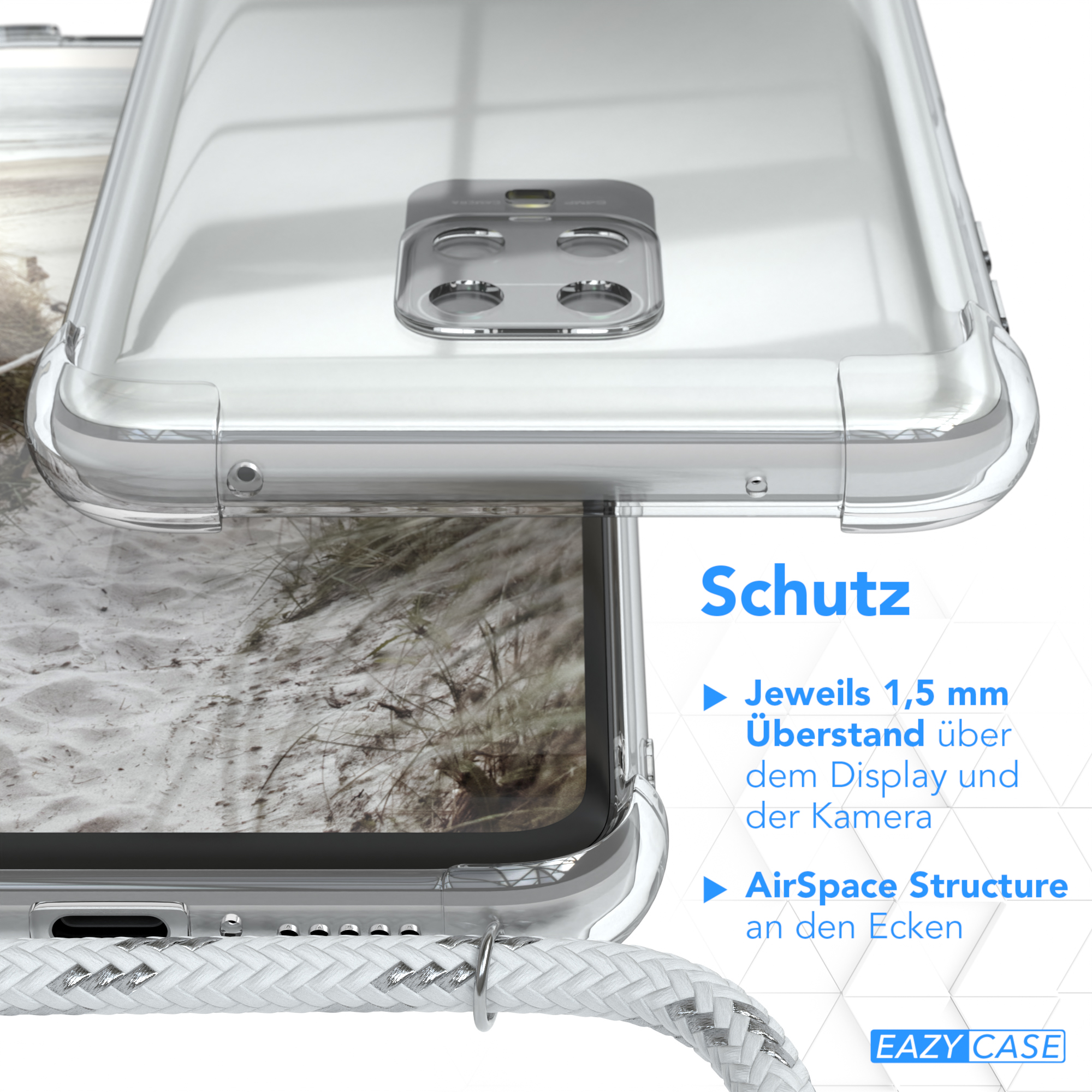 Transparente Handyhülle. Der Bildschirm zeigt Sand. Text auf der Hülle: 'Schutz'.