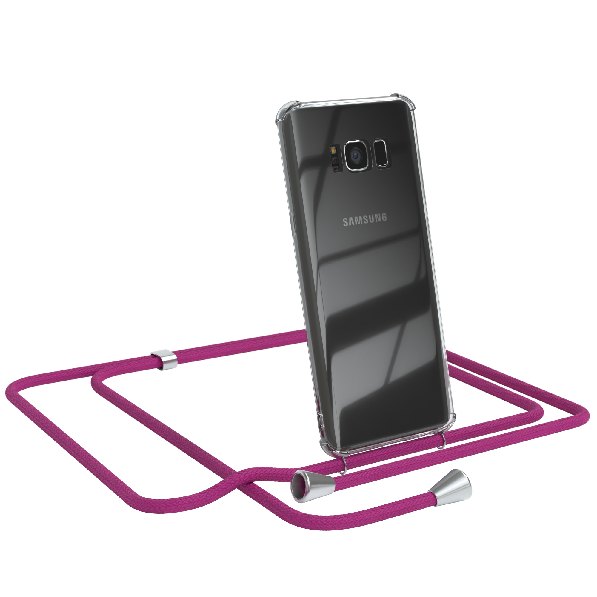 Transparente Handyhülle mit lila Band. Samsung-Logo sichtbar. Weißer Hintergrund.