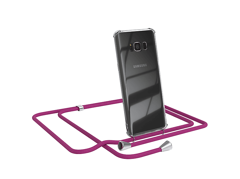 EAZY CASE Clear Cover mit Umhängeband, Umhängetasche, Samsung, Galaxy S8, Pink / Clips Silber | Handyketten