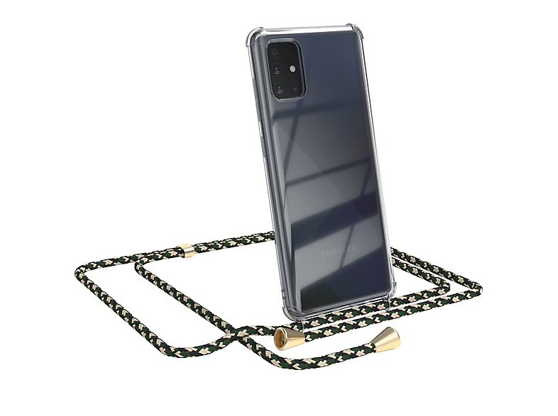 EAZY CASE Clear Cover mit Umhängeband, Umhängetasche, Samsung, Galaxy A71, Grün Camouflage / Clips Gold