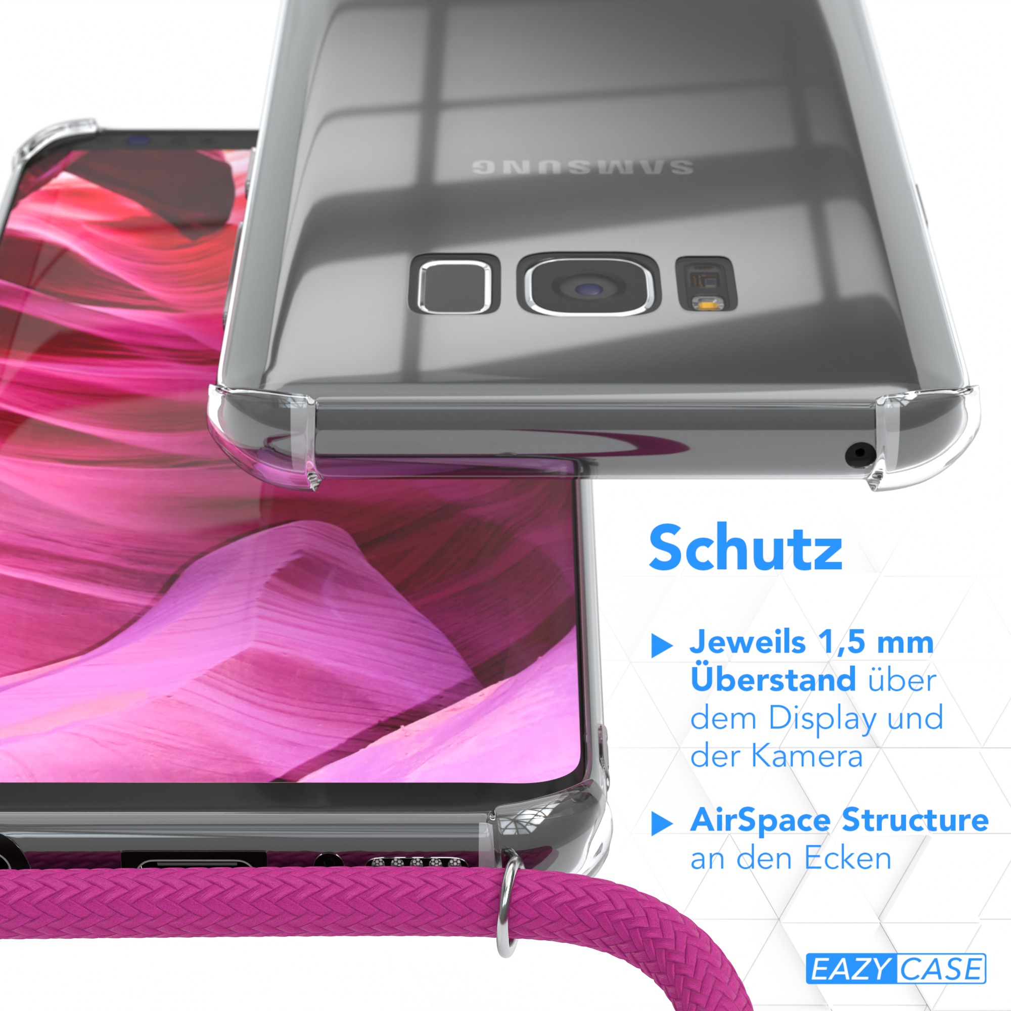 Nahaufnahme einer Handyhülle mit Text zum Schutz. Zeigt 1,5 mm über dem Display und AirSpace Structure.
