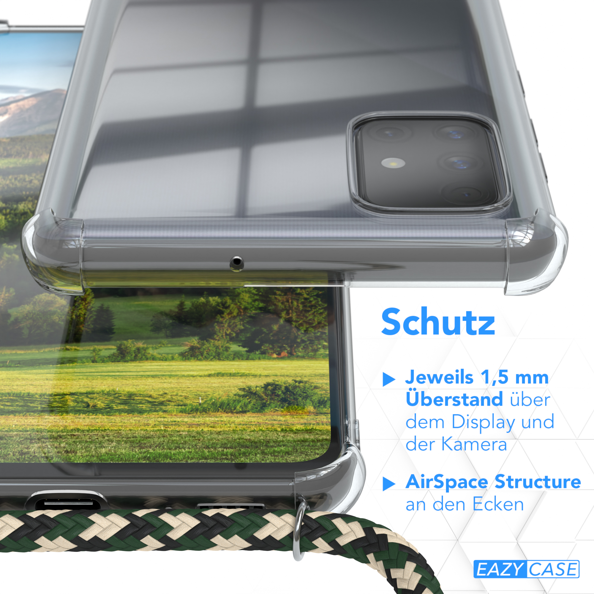 Eine transparente Handyhülle auf weißem Hintergrund. Der Text lautet 'Schutz', mit Merkmalen: 1,5 mm Display- und Kameraschutz.