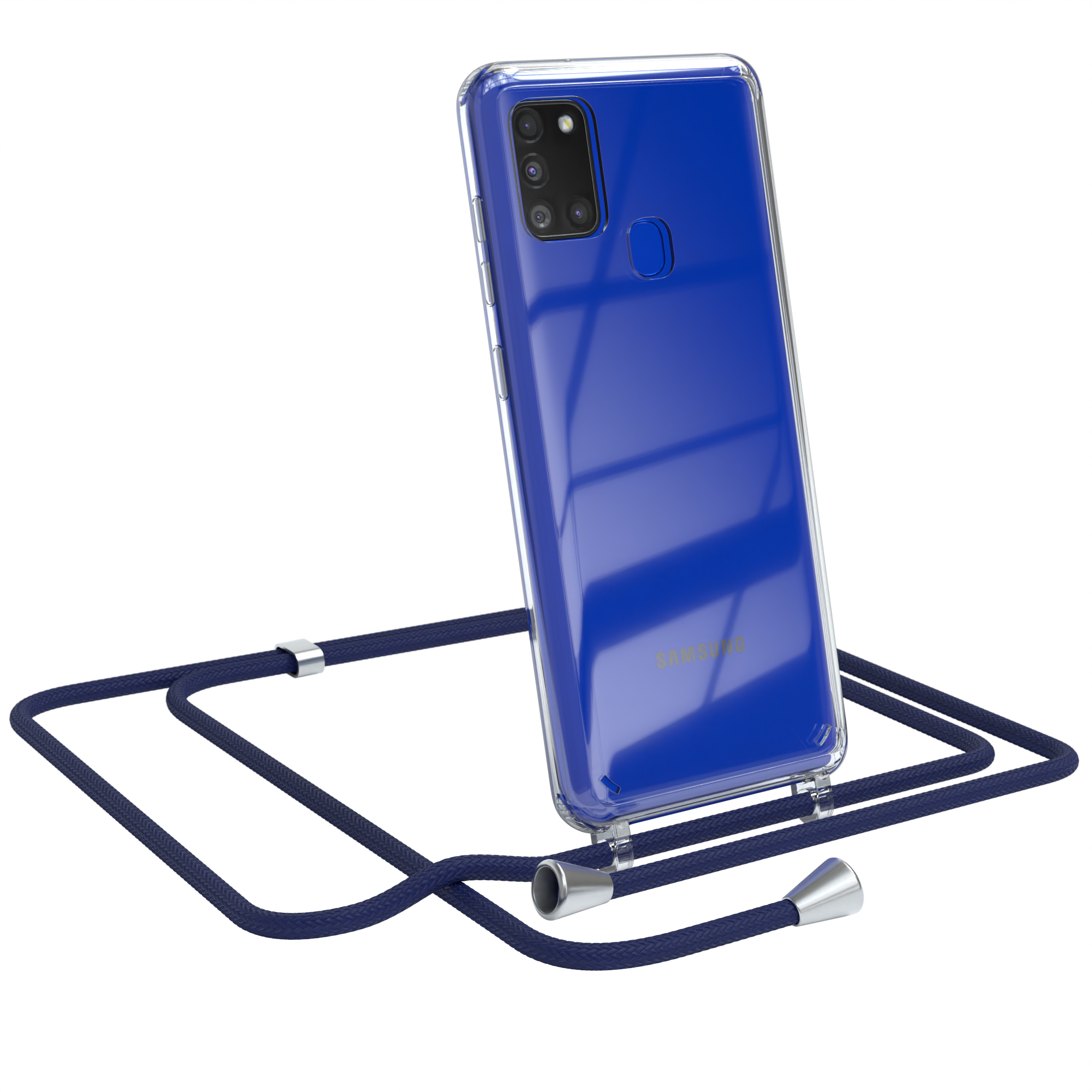 Transparente Handyhülle mit marineblauem Umhängeband. Blaues Samsung-Telefon.